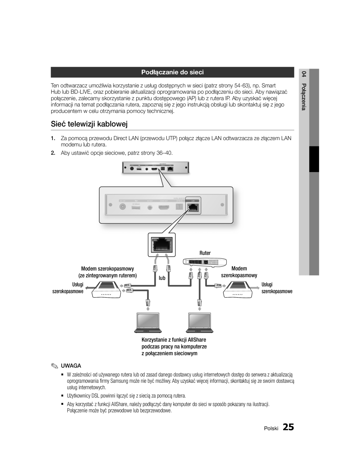 Samsung BD-D7000/ZF, BD-D7000/XN, BD-D7000/EN, BD-D7000/XE manual Sieć telewizji kablowej, Podłączanie do sieci 