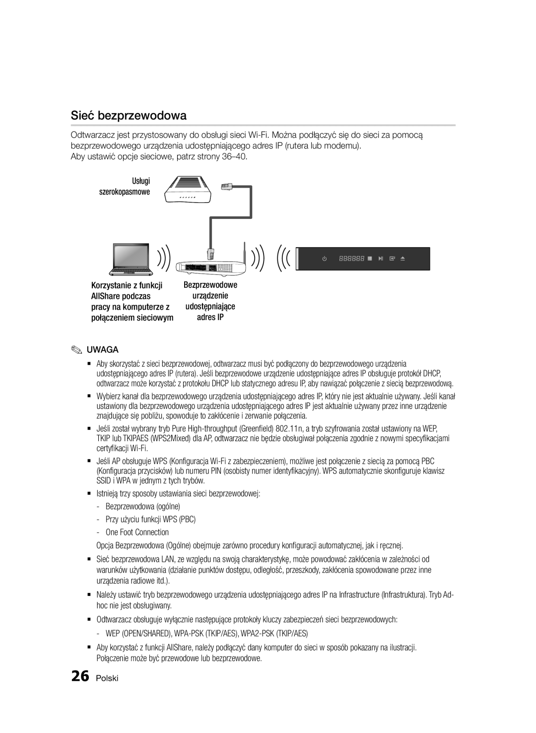 Samsung BD-D7000/XE, BD-D7000/XN, BD-D7000/EN, BD-D7000/ZF manual Sieć bezprzewodowa, Korzystanie z funkcji, AllShare podczas 