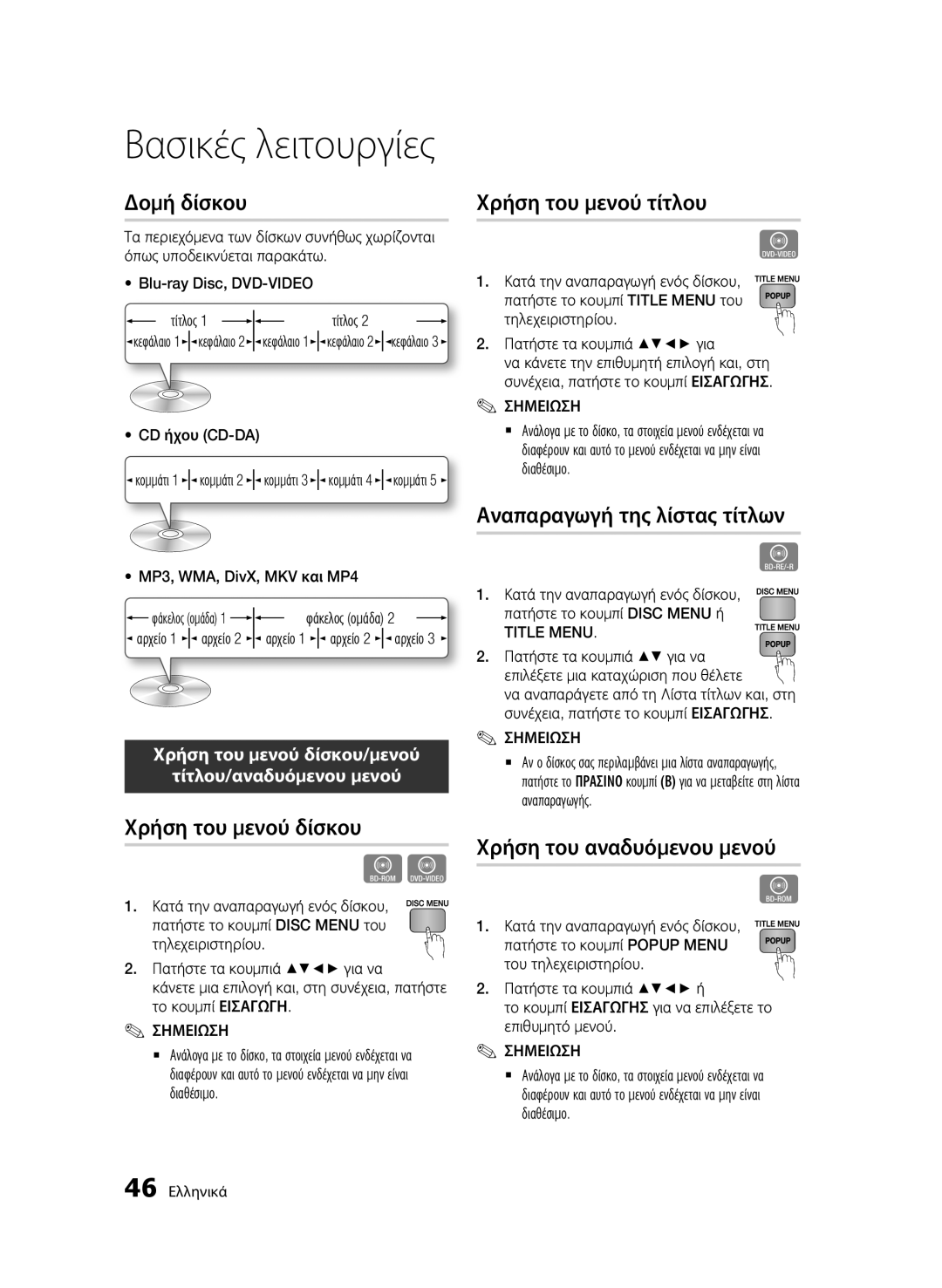 Samsung BD-D7000/ZF manual Δομή δίσκου, Χρήση του μενού δίσκου, Χρήση του μενού τίτλου, Αναπαραγωγή της λίστας τίτλων 