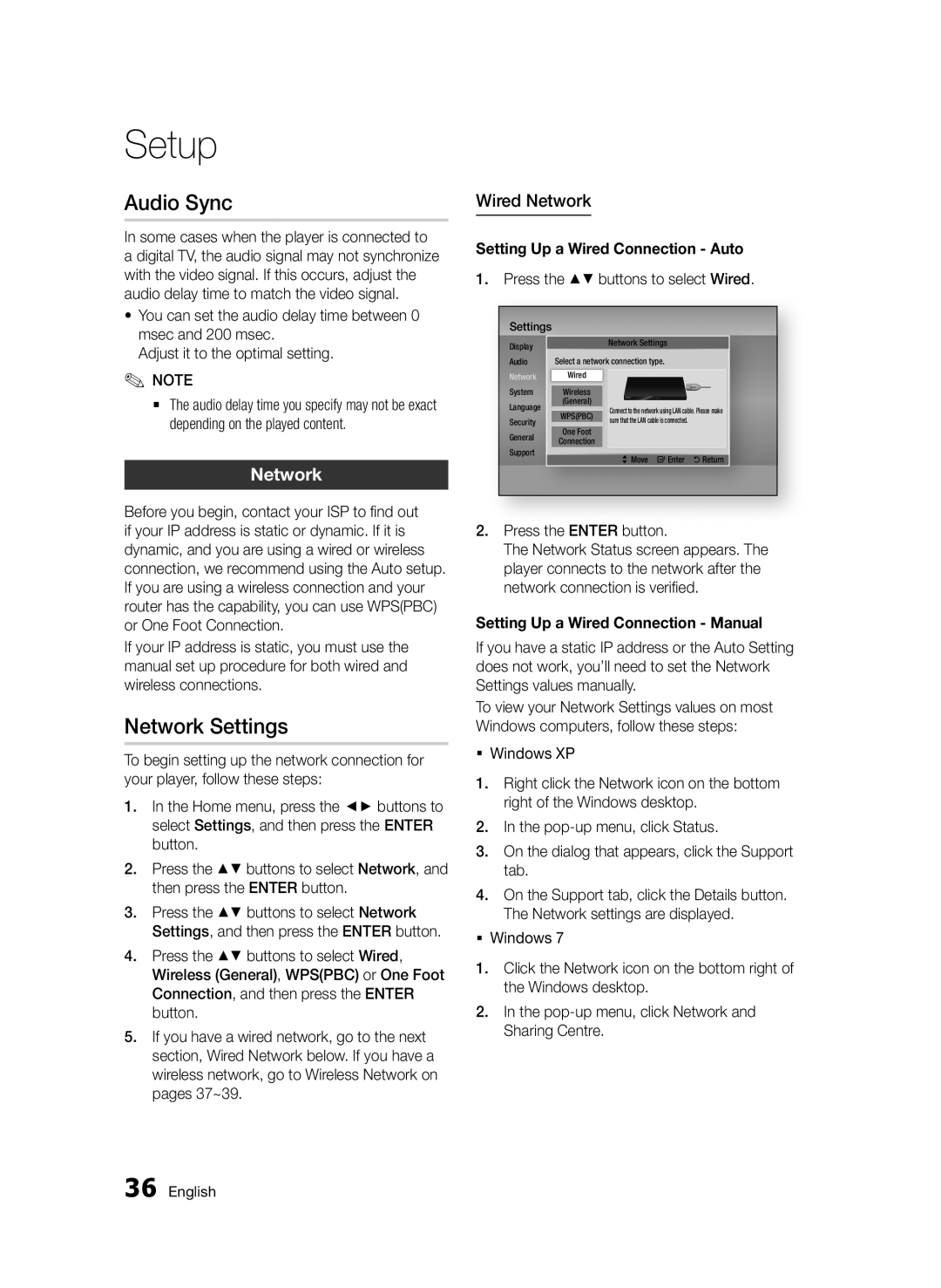 Samsung BD-D7000/XN, BD-D7000/EN, BD-D7000/ZF, BD-D7000/XE manual Audio Sync, Network Settings, Wired Network 