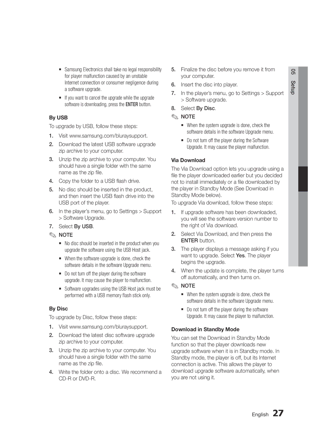 Samsung BD-D7000/XE, BD-D7000/XN, BD-D7000/EN, BD-D7000/ZF manual By USB, By Disc, Via Download, Download in Standby Mode 