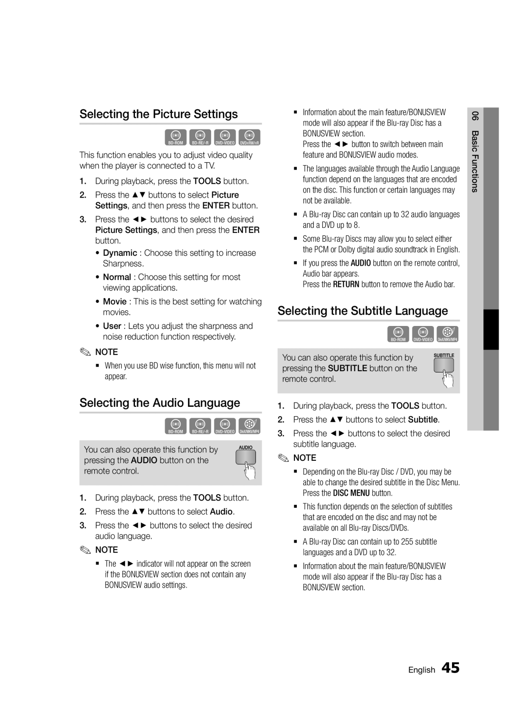 Samsung BD-D7000/EN manual Selecting the Picture Settings, Selecting the Audio Language, Selecting the Subtitle Language 