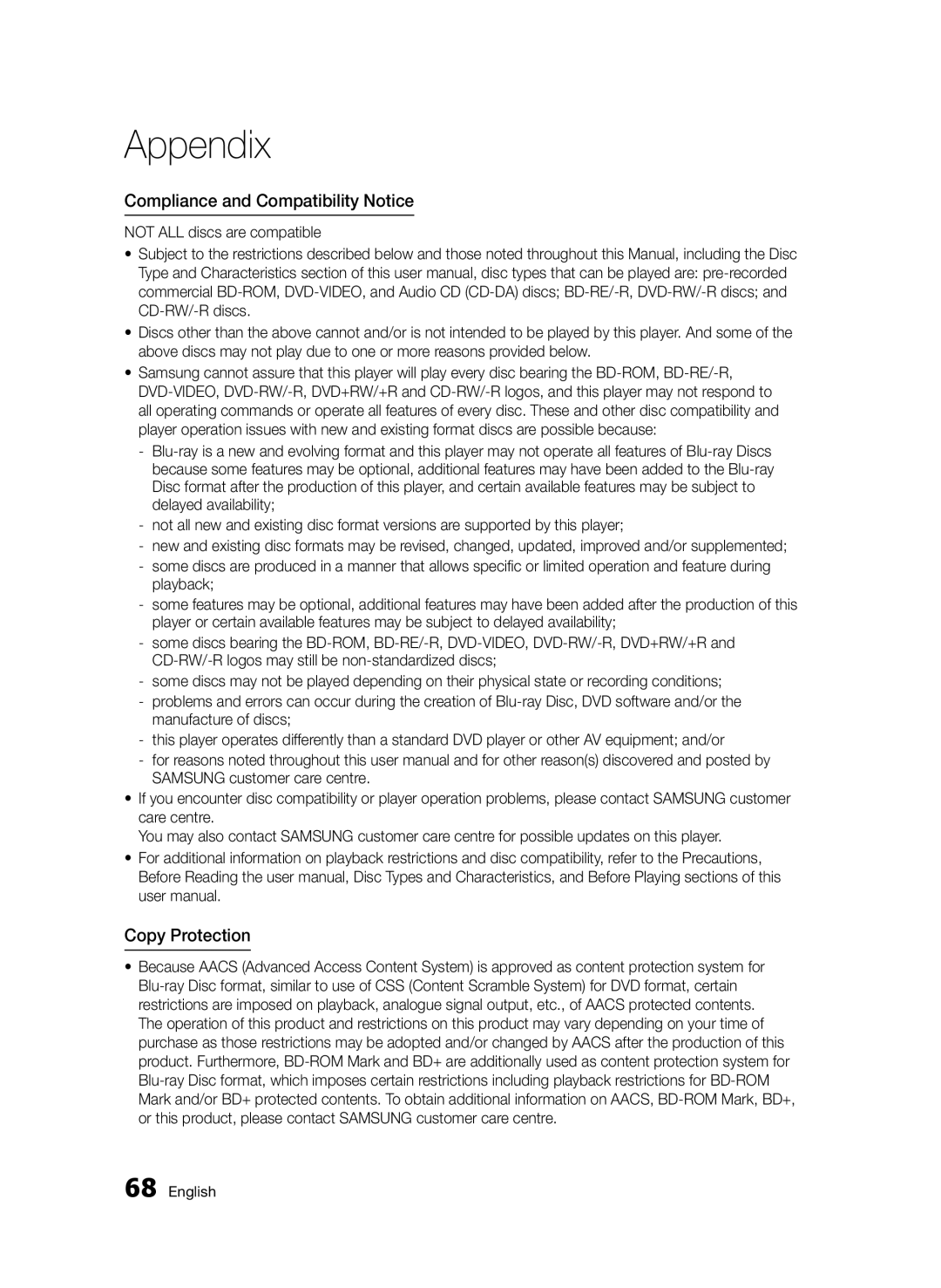 Samsung BD-D7000/XN, BD-D7000/EN, BD-D7000/ZF, BD-D7000/XE manual Compliance and Compatibility Notice, Copy Protection 