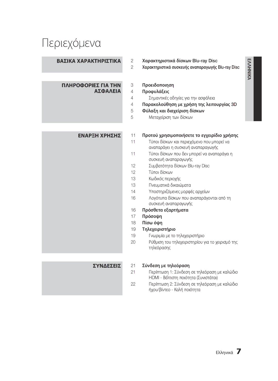 Samsung BD-D7000/XE, BD-D7000/XN, BD-D7000/EN, BD-D7000/ZF manual Περιεχόμενα 