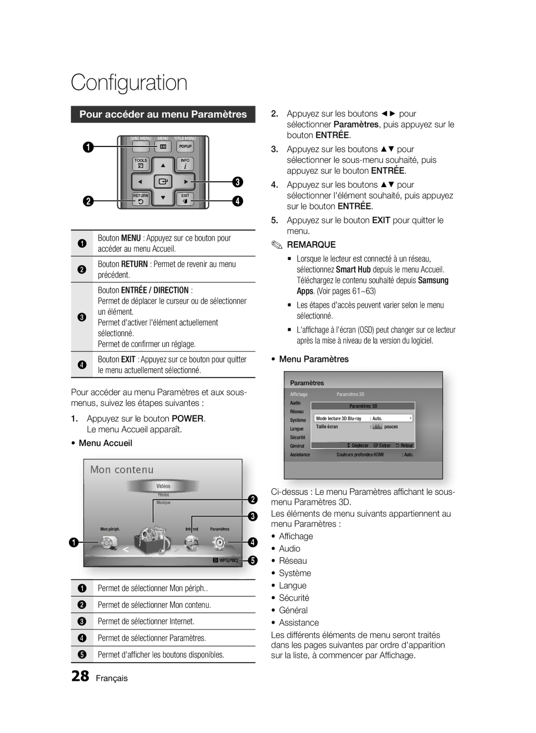 Samsung BD-D7000/XN, BD-D7000/EN, BD-D7000/ZF, BD-D7000/XE manual Pour accéder au menu Paramètres 