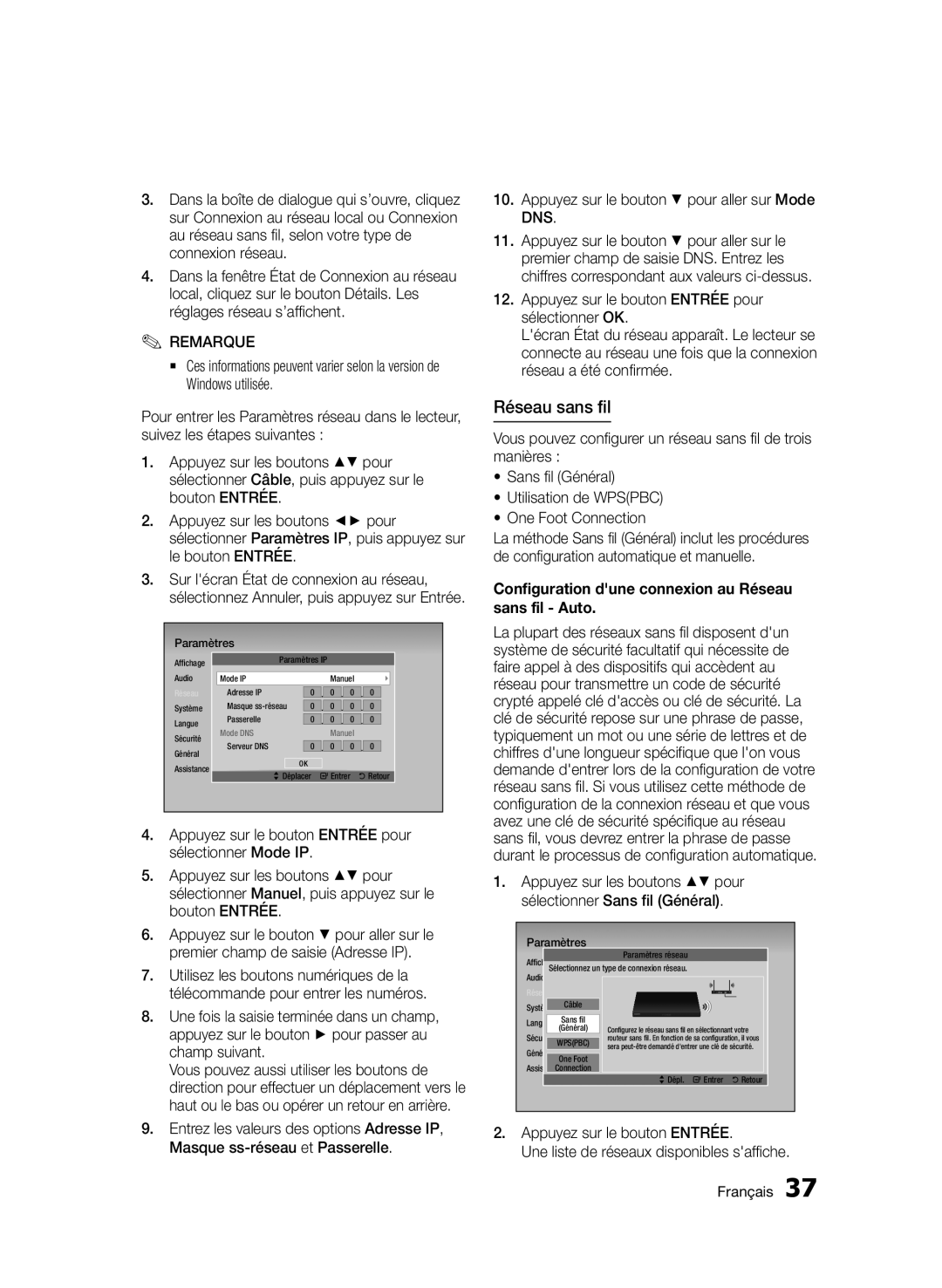 Samsung BD-D7000/EN, BD-D7000/XN, BD-D7000/ZF, BD-D7000/XE manual Configuration dune connexion au Réseau sans fil Auto 