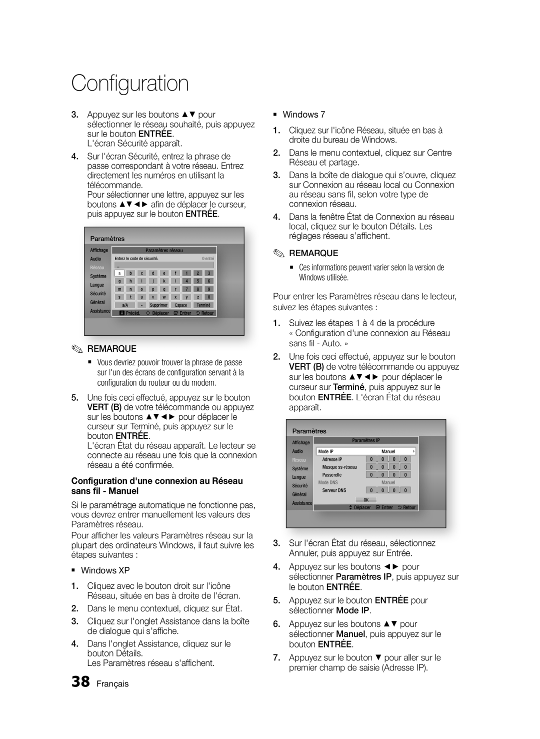 Samsung BD-D7000/ZF, BD-D7000/XN, BD-D7000/EN, BD-D7000/XE manual Configuration dune connexion au Réseau sans fil Manuel 