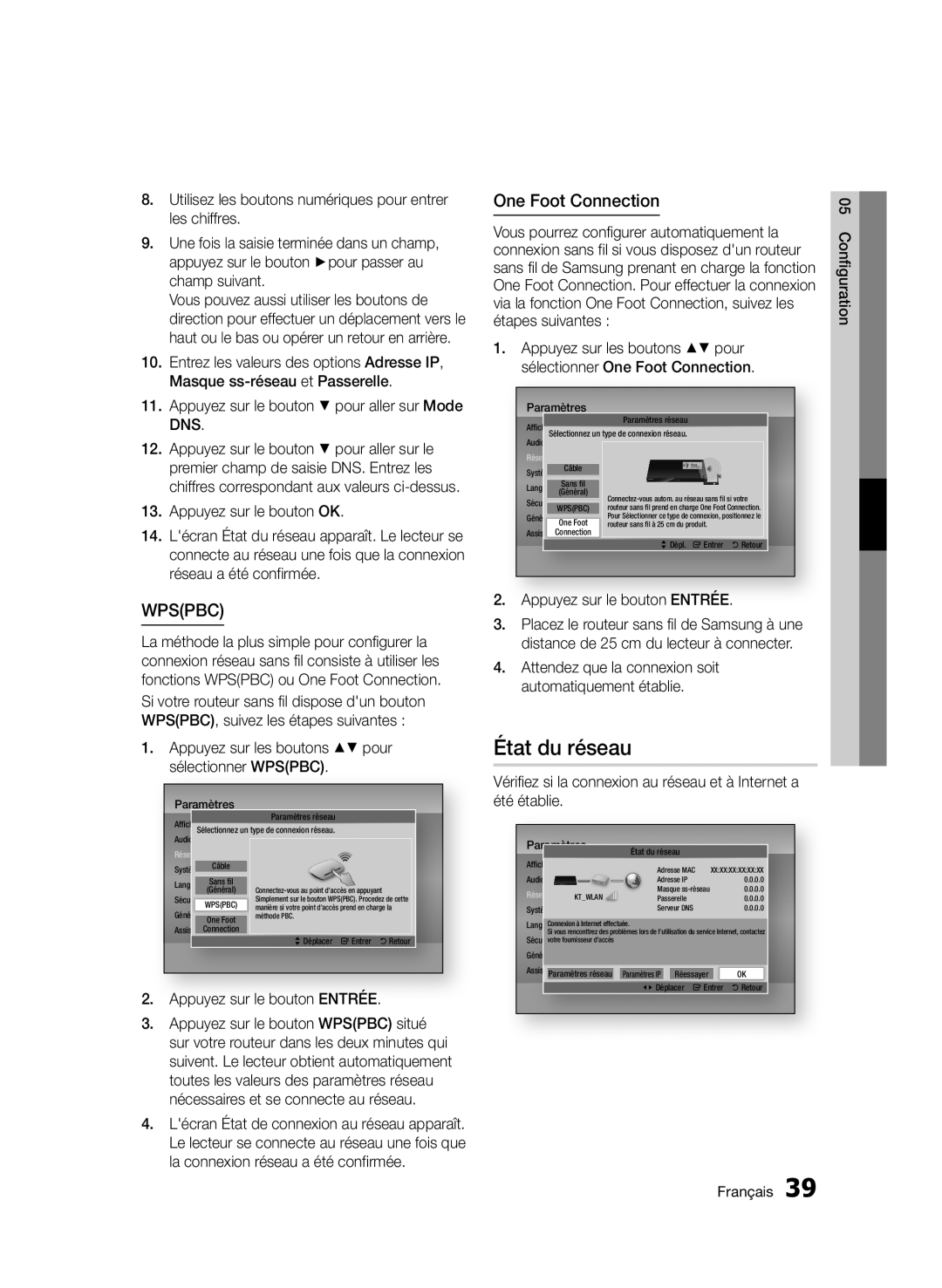 Samsung BD-D7000/XE, BD-D7000/XN, BD-D7000/EN, BD-D7000/ZF État du réseau, Appuyez sur les boutons pour sélectionner WPSPBC 