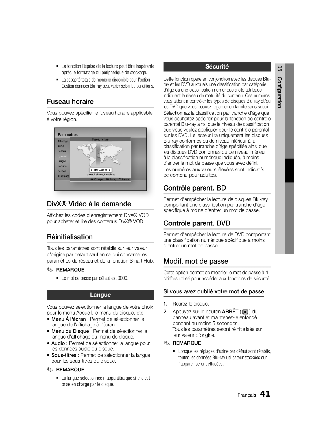 Samsung BD-D7000/EN Fuseau horaire, DivX Vidéo à la demande, Réinitialisation, Contrôle parent. BD, Contrôle parent. DVD 