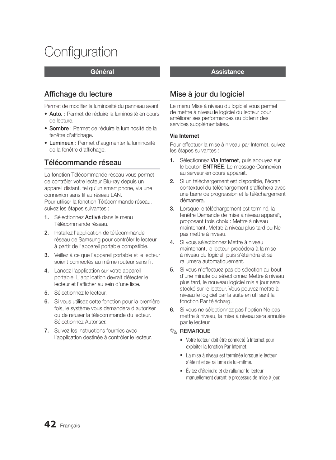 Samsung BD-D7000/ZF, BD-D7000/XN Affichage du lecture, Télécommande réseau, Mise à jour du logiciel, Général, Via Internet 
