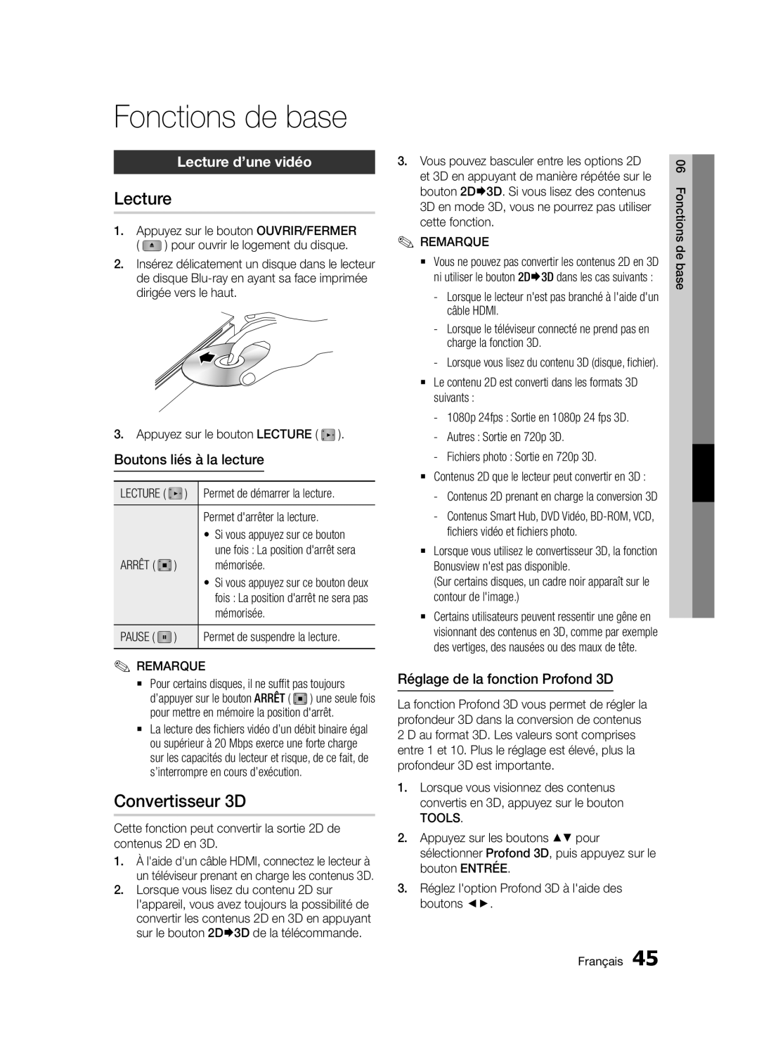 Samsung BD-D7000/EN, BD-D7000/XN, BD-D7000/ZF, BD-D7000/XE manual Fonctions de base, Convertisseur 3D, Lecture d’une vidéo 