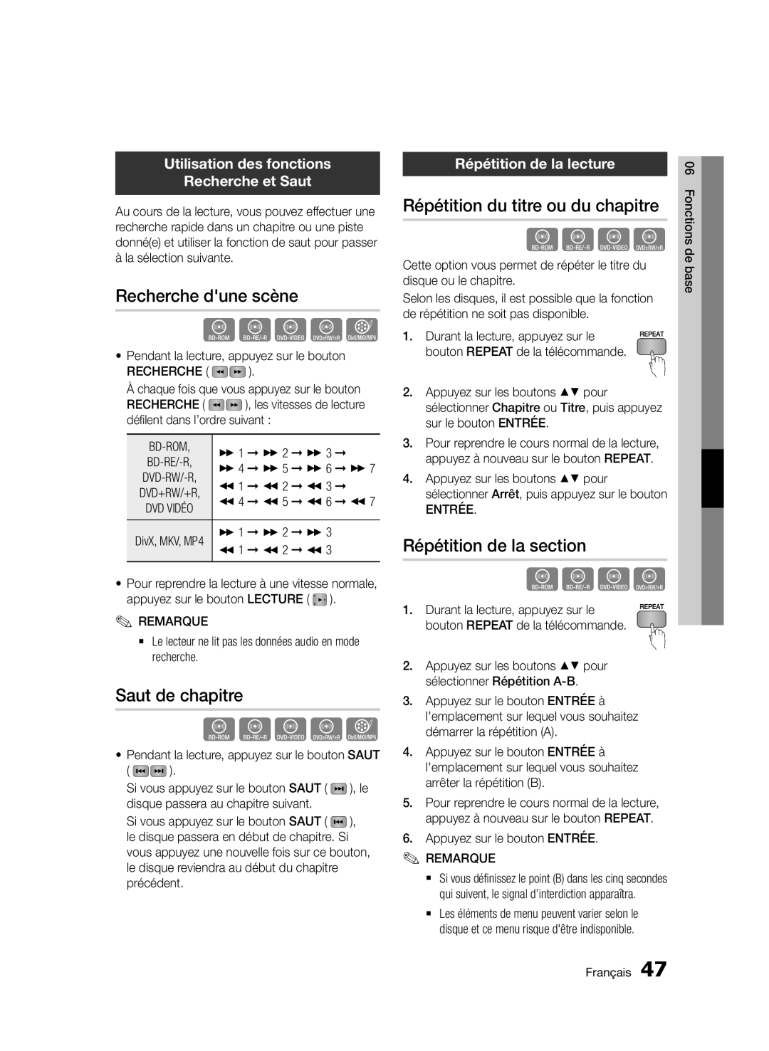 Samsung BD-D7000/XE Recherche dune scène, Saut de chapitre, Répétition du titre ou du chapitre, Répétition de la section 