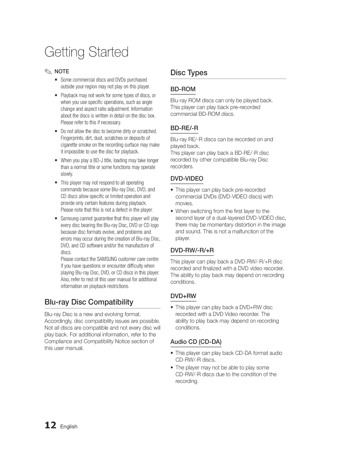 Samsung BD-D7000/XN, BD-D7000/EN, BD-D7000/ZF, BD-D7000/XE manual Blu-ray Disc Compatibility Disc Types, Audio CD CD-DA 