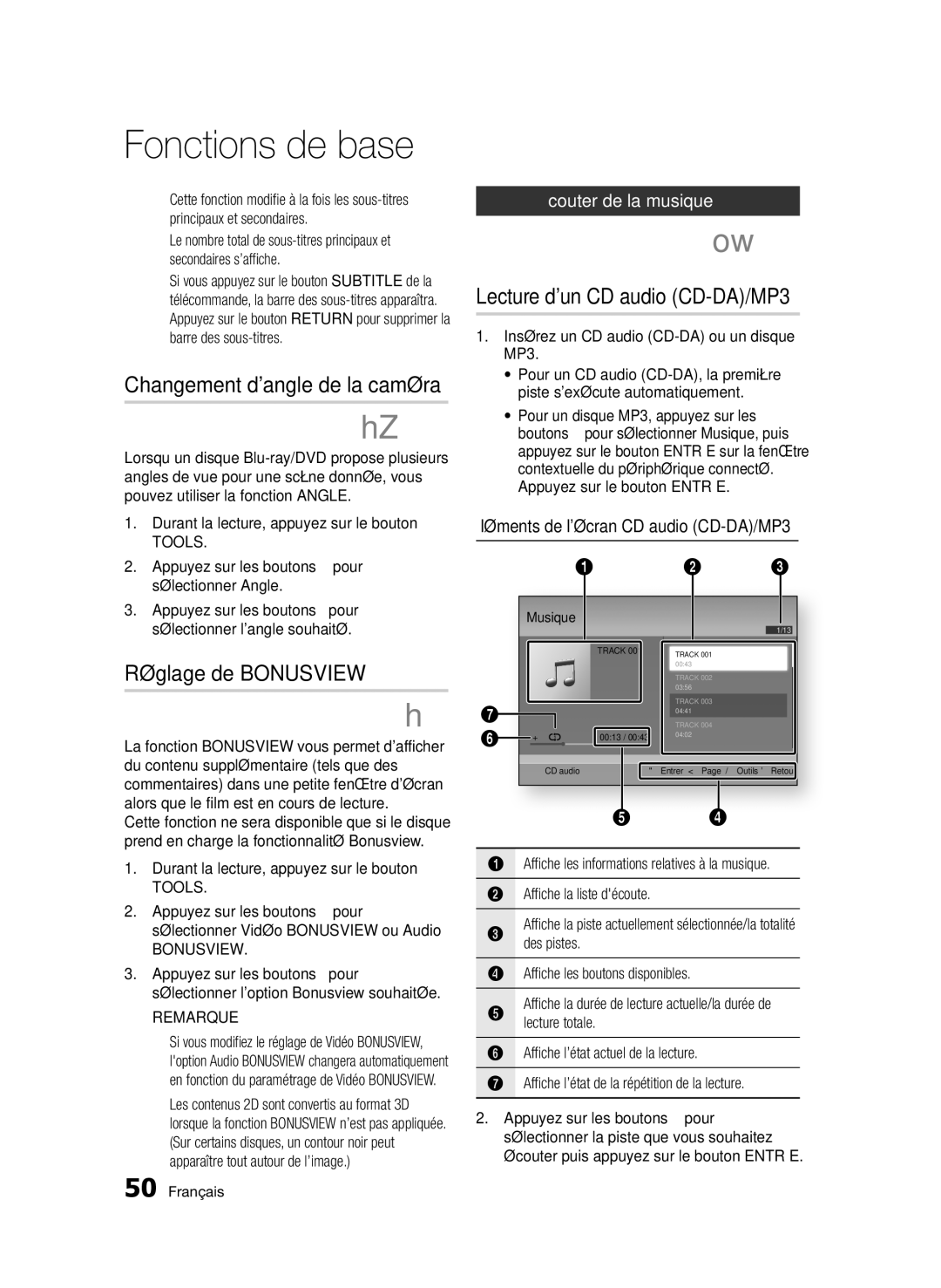 Samsung BD-D7000/ZF, BD-D7000/XN manual Changement dangle de la caméra, Réglage de Bonusview, Lecture dun CD audio CD-DA/MP3 