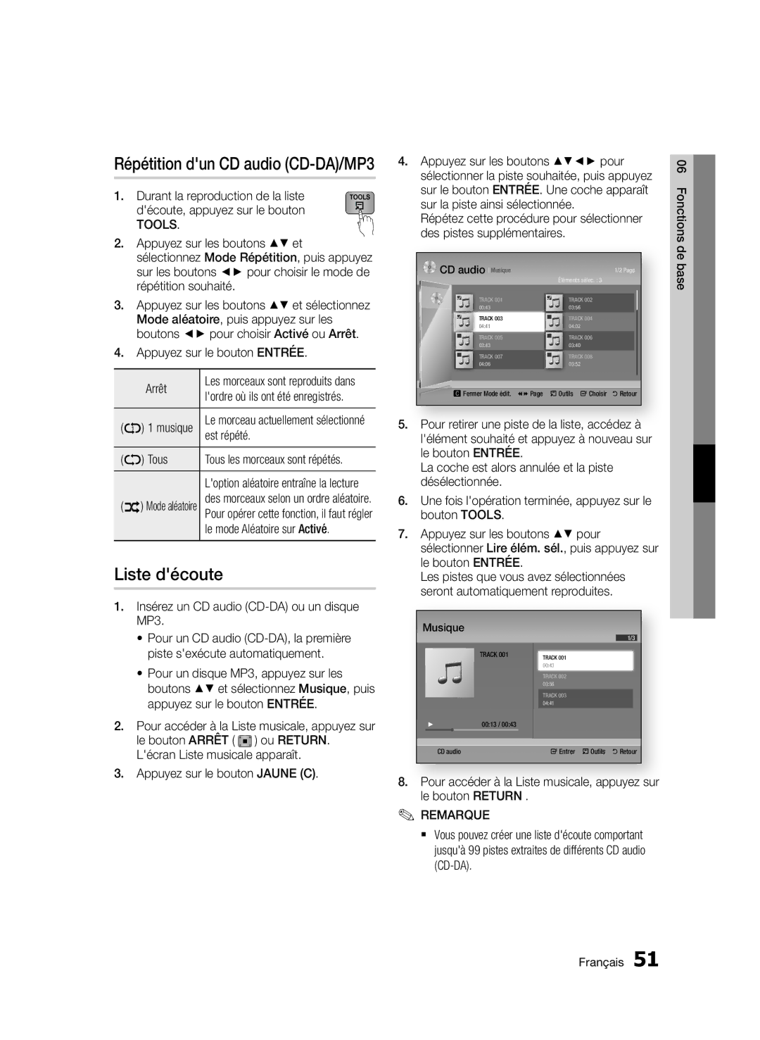 Samsung BD-D7000/XE, BD-D7000/XN manual Liste découte, Appuyez sur le bouton ENTRÉE. appuyezde Arrêt, Est répété, Tous 