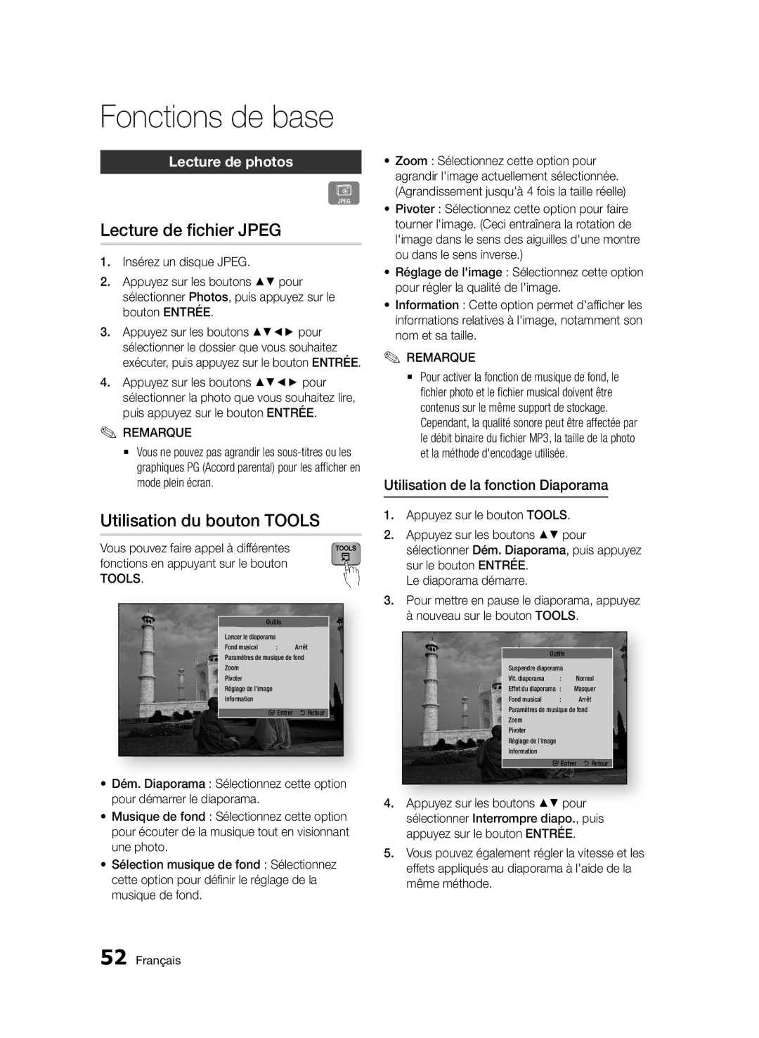 Samsung BD-D7000/XN, BD-D7000/EN, BD-D7000/ZF manual Lecture de fichier Jpeg, Utilisation du bouton TOOLS, Lecture de photos 