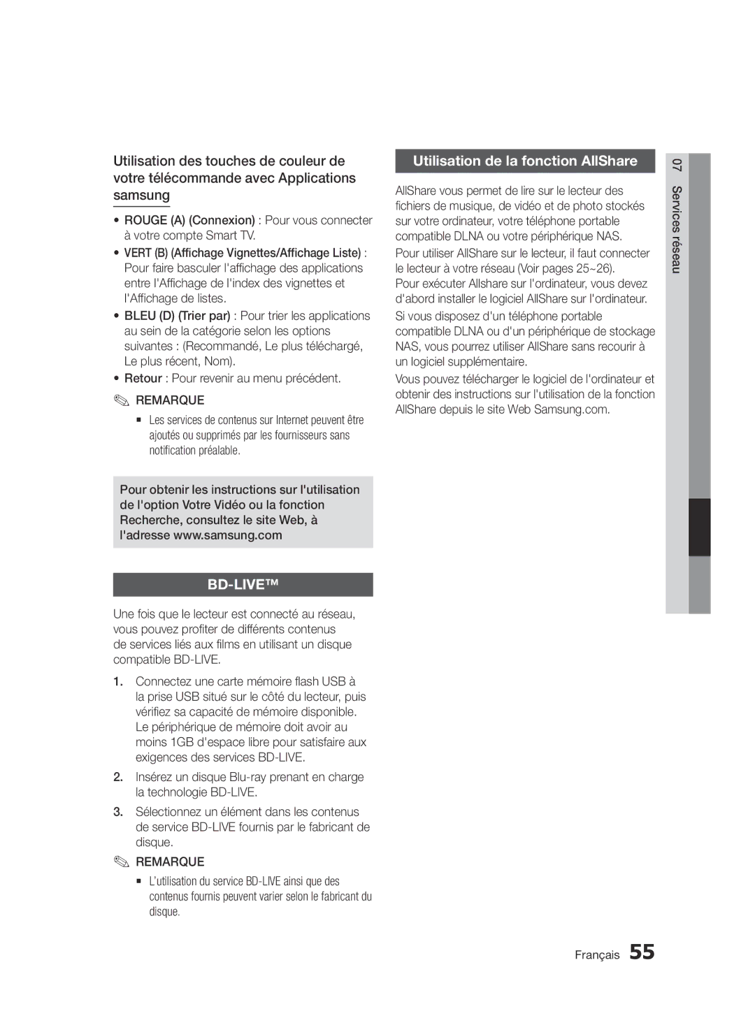 Samsung BD-D7000/XE, BD-D7000/XN, BD-D7000/EN, BD-D7000/ZF manual Utilisation de la fonction AllShare 