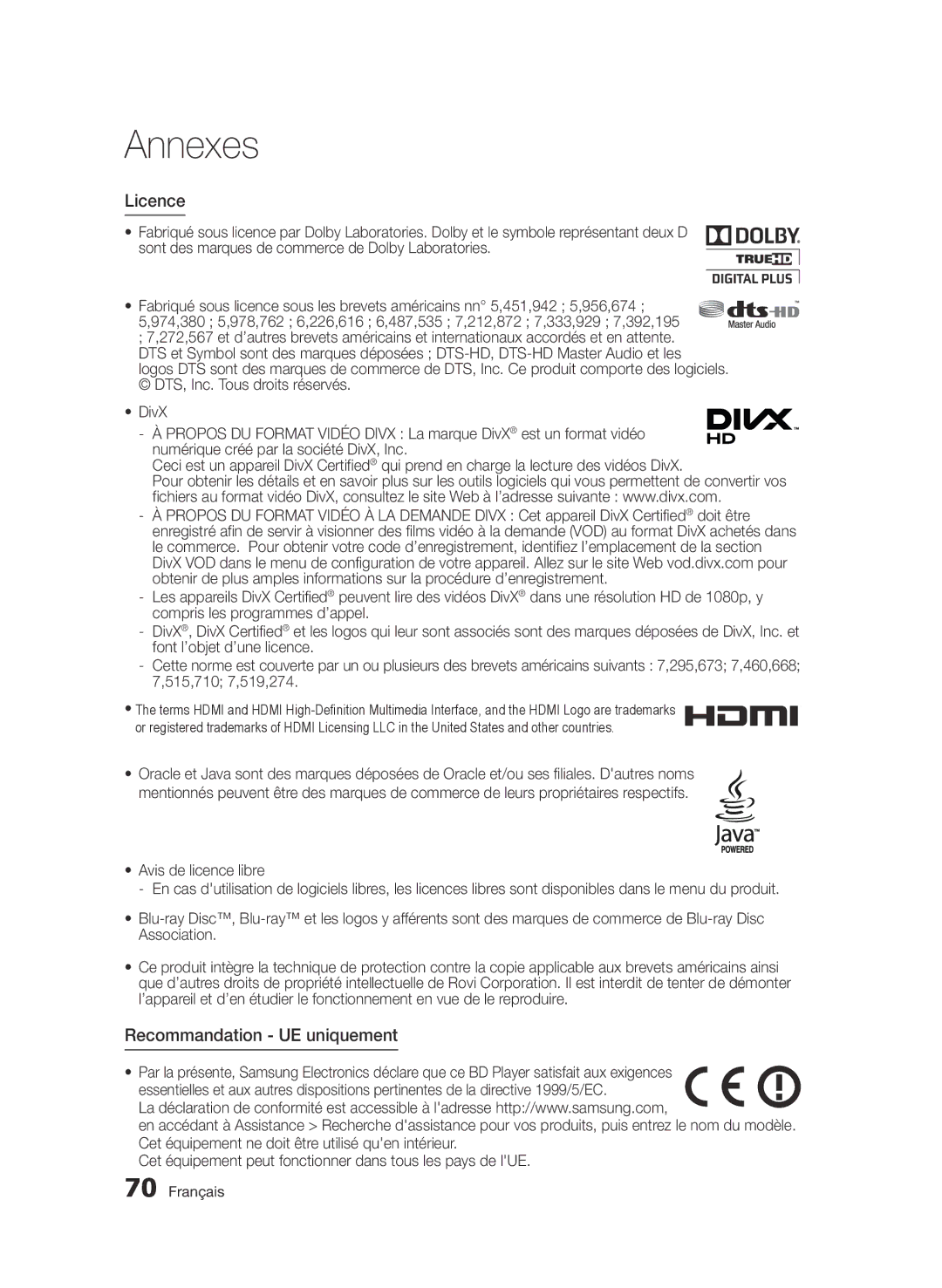 Samsung BD-D7000/ZF, BD-D7000/XN, BD-D7000/EN, BD-D7000/XE manual Licence, Recommandation UE uniquement 