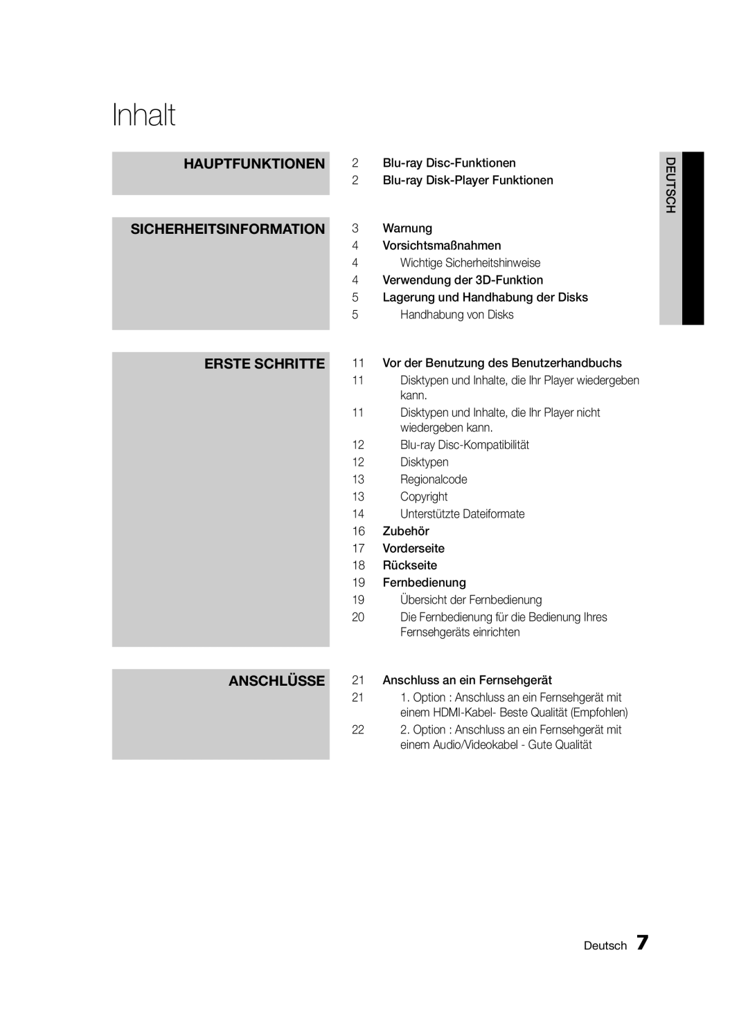 Samsung BD-D7000/XN, BD-D7000/EN, BD-D7000/ZF, BD-D7000/XE manual Inhalt 