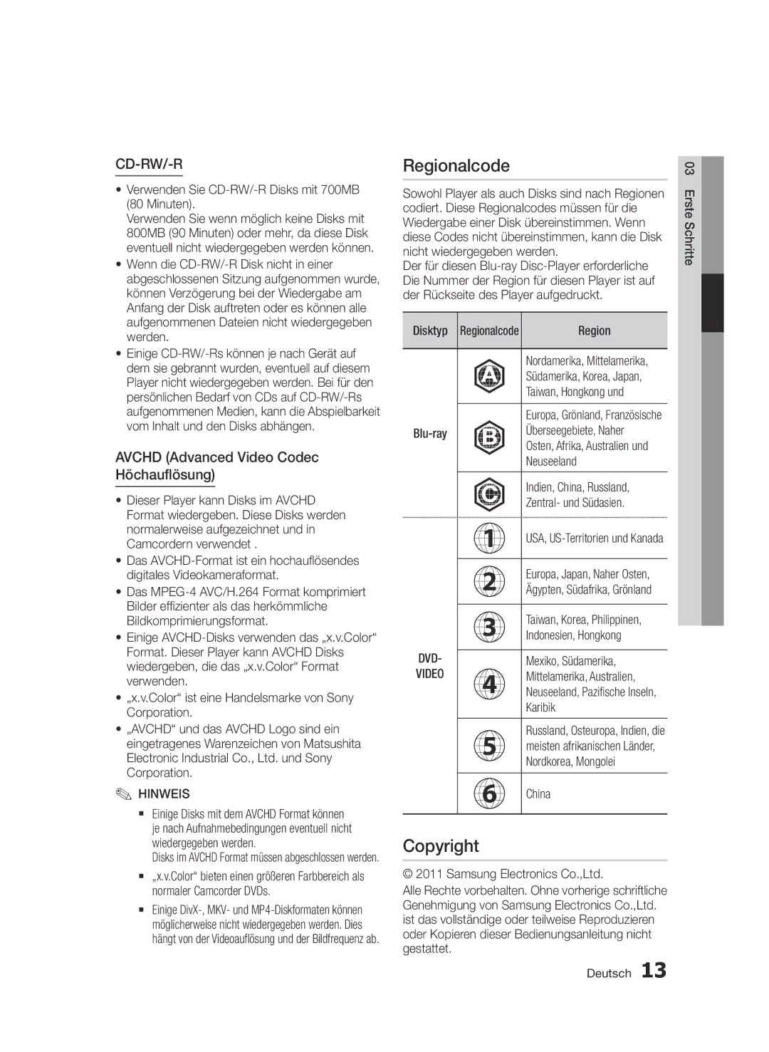 Samsung BD-D7000/ZF, BD-D7000/XN, BD-D7000/EN, BD-D7000/XE manual Regionalcode, Avchd Advanced Video Codec Höchauflösung, Dvd 