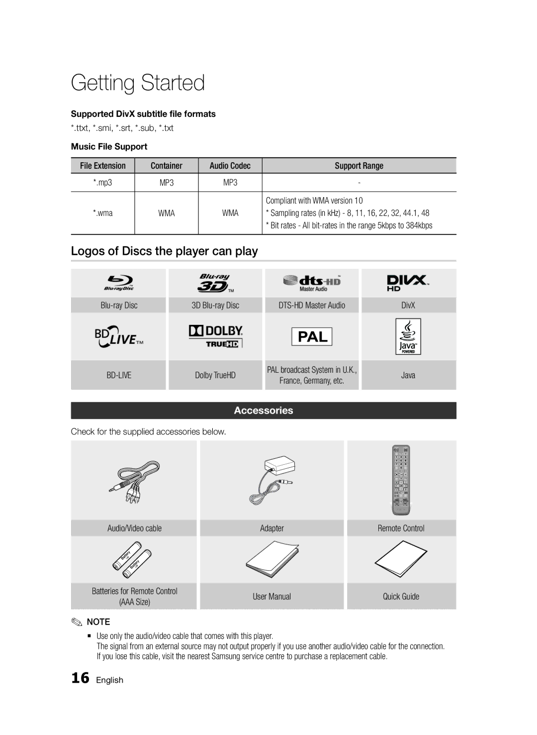 Samsung BD-D7000/XN manual Logos of Discs the player can play, Accessories, Music File Support, Compliant with WMA version 