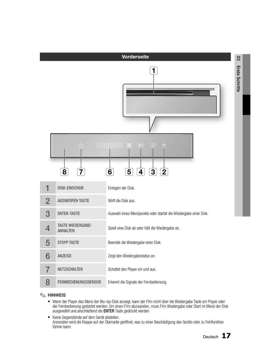 Samsung BD-D7000/ZF, BD-D7000/XN, BD-D7000/EN, BD-D7000/XE manual Vorderseite, Netzschalter 