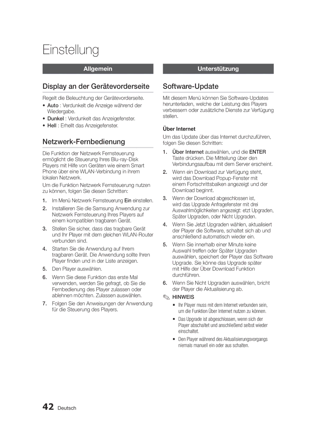 Samsung BD-D7000/XE Display an der Gerätevorderseite, Netzwerk-Fernbedienung, Software-Update, Allgemein, Unterstützung 