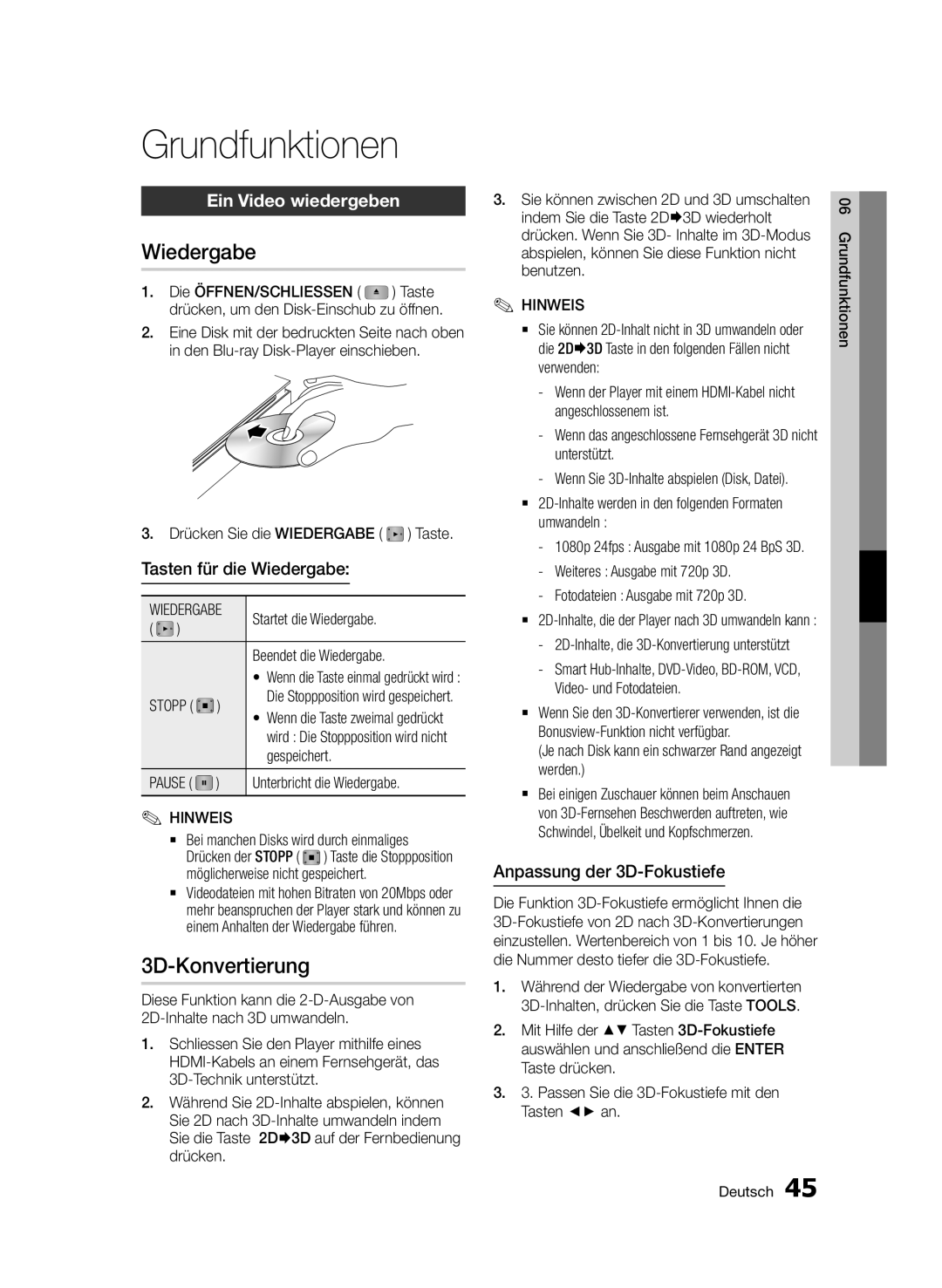 Samsung BD-D7000/ZF, BD-D7000/XN, BD-D7000/EN manual Grundfunktionen, Wiedergabe, 3D-Konvertierung, Ein Video wiedergeben 