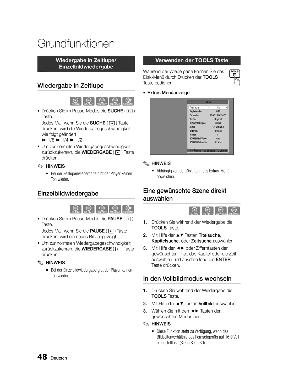 Samsung BD-D7000/EN, BD-D7000/XN manual Wiedergabe in Zeitlupe, Einzelbildwiedergabe, Eine gewünschte Szene direkt auswählen 