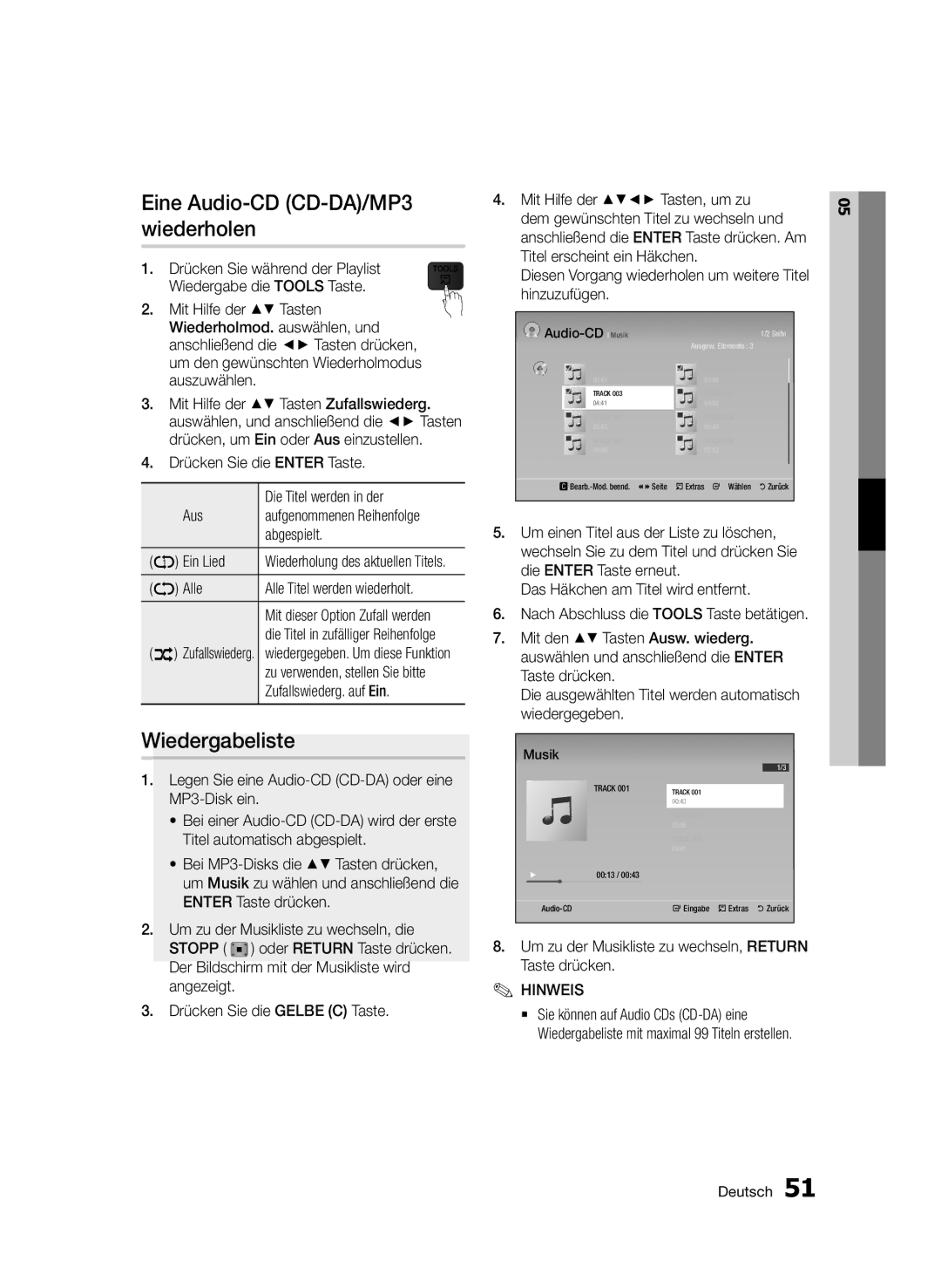 Samsung BD-D7000/XN, BD-D7000/EN, BD-D7000/ZF, BD-D7000/XE manual Eine Audio-CD CD-DA/MP3 wiederholen, Wiedergabeliste 