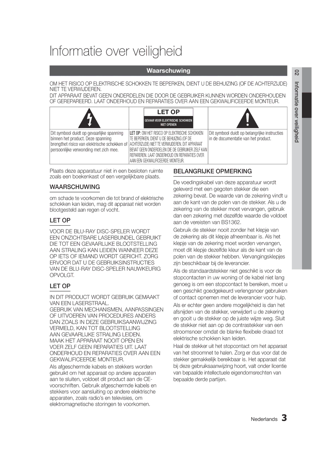 Samsung BD-D7000/EN, BD-D7000/XN, BD-D7000/ZF, BD-D7000/XE manual Informatie over veiligheid, Waarschuwing 