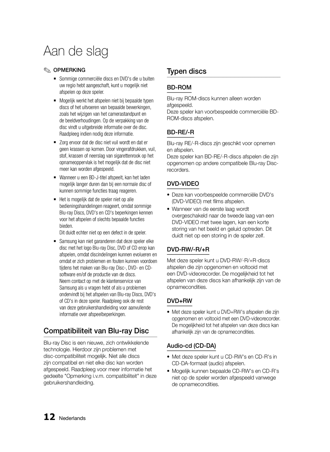 Samsung BD-D7000/ZF, BD-D7000/XN, BD-D7000/EN, BD-D7000/XE manual Compatibiliteit van Blu-ray Disc, Typen discs 