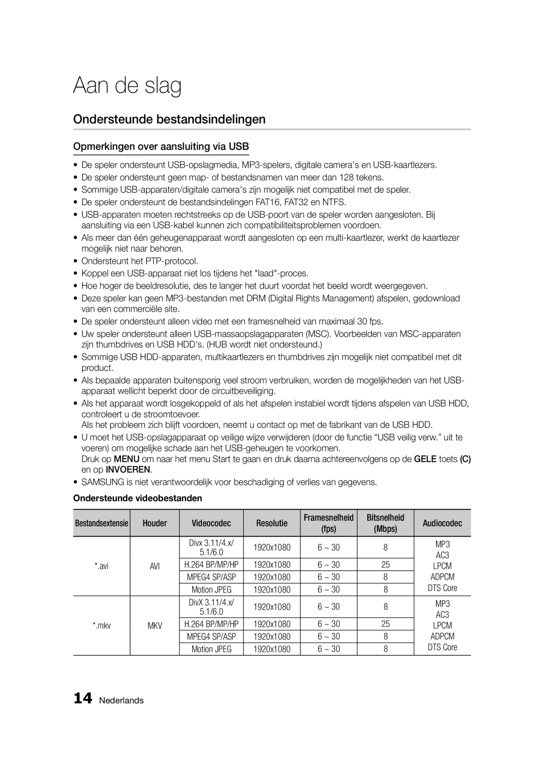 Samsung BD-D7000/XN Ondersteunde bestandsindelingen, Opmerkingen over aansluiting via USB, Ondersteunde videobestanden 