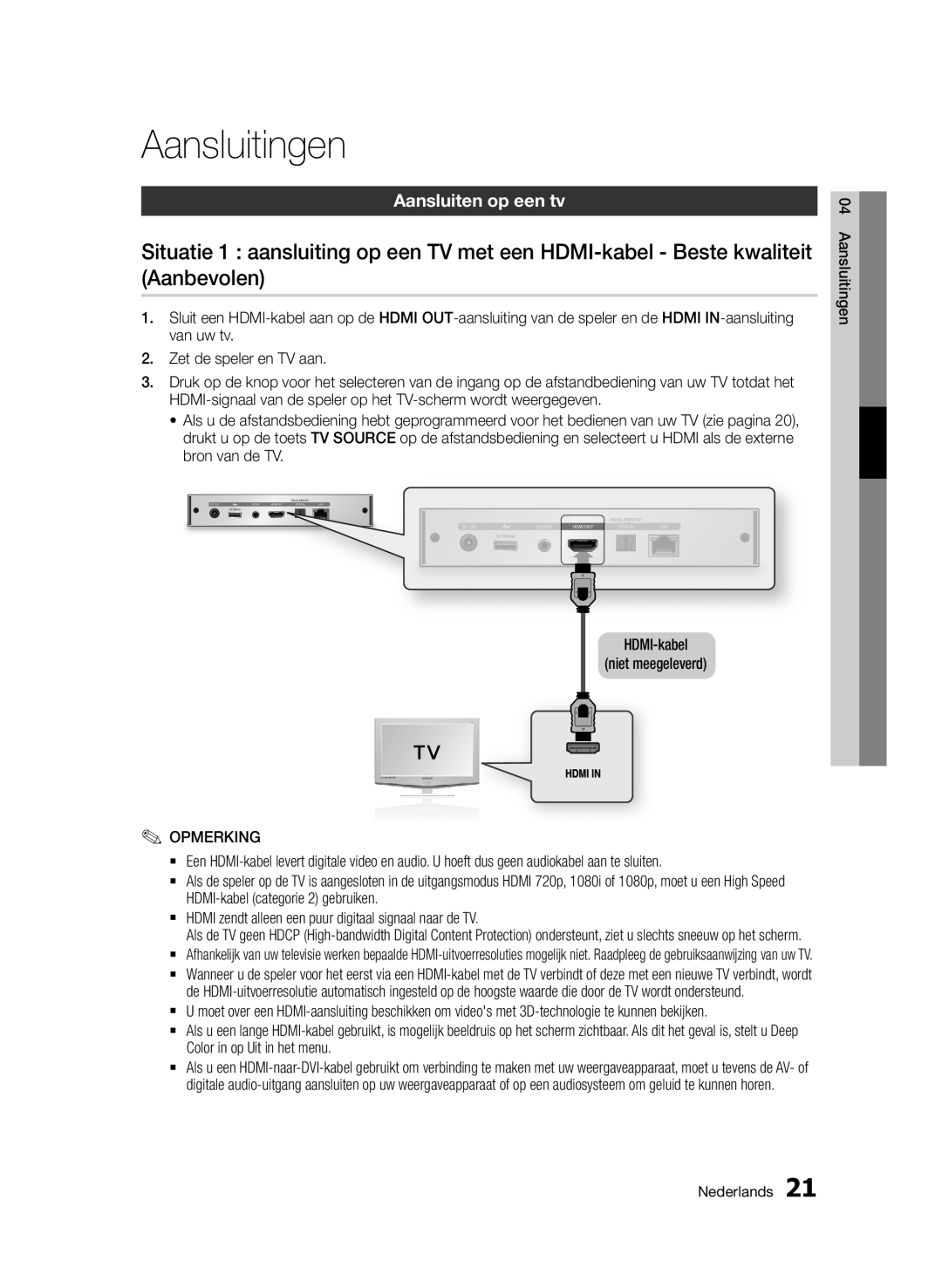 Samsung BD-D7000/XE, BD-D7000/XN, BD-D7000/EN, BD-D7000/ZF Aansluitingen, Aansluiten op een tv, HDMI-kabel Niet meegeleverd 