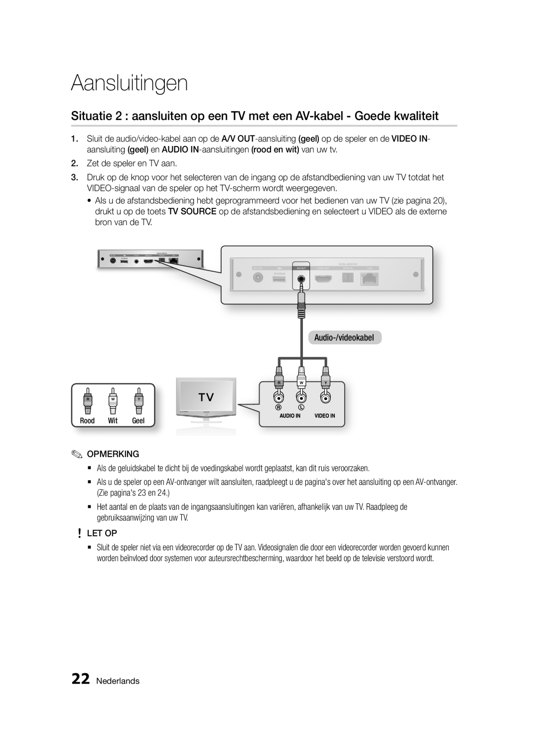 Samsung BD-D7000/XN, BD-D7000/EN, BD-D7000/ZF, BD-D7000/XE manual Audio-/videokabel, Rood Wit Geel 