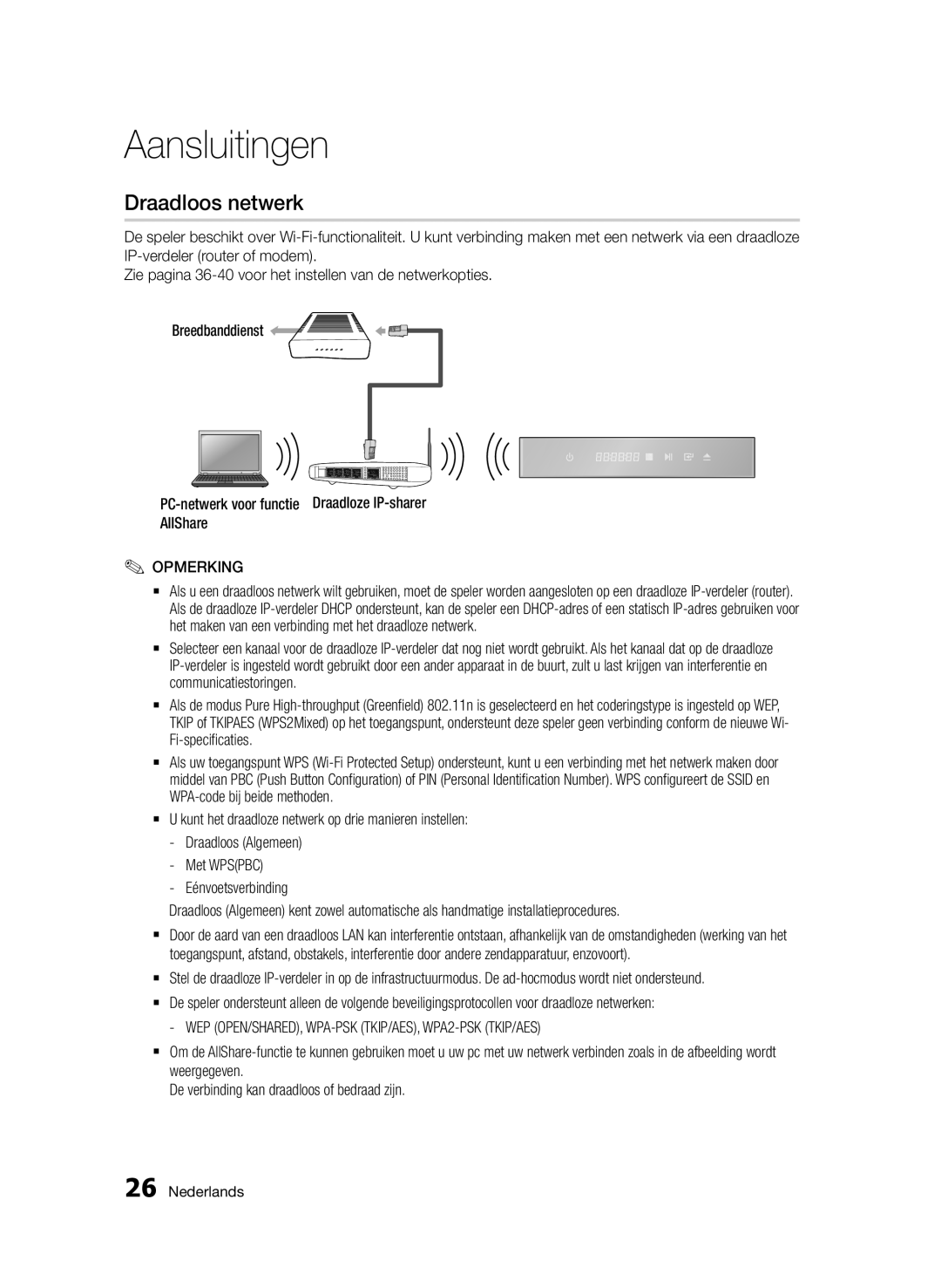 Samsung BD-D7000/XN, BD-D7000/EN, BD-D7000/ZF manual Draadloos netwerk, WEP OPEN/SHARED, WPA-PSK TKIP/AES, WPA2-PSK TKIP/AES 