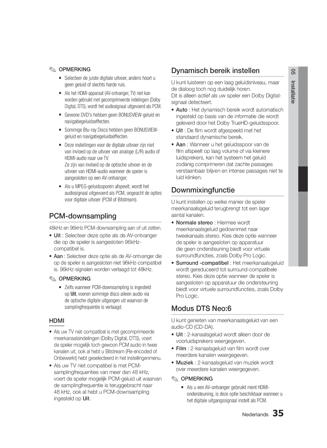 Samsung BD-D7000/EN, BD-D7000/XN, BD-D7000/ZF, BD-D7000/XE Dynamisch bereik instellen, Downmixingfunctie, Modus DTS Neo6 