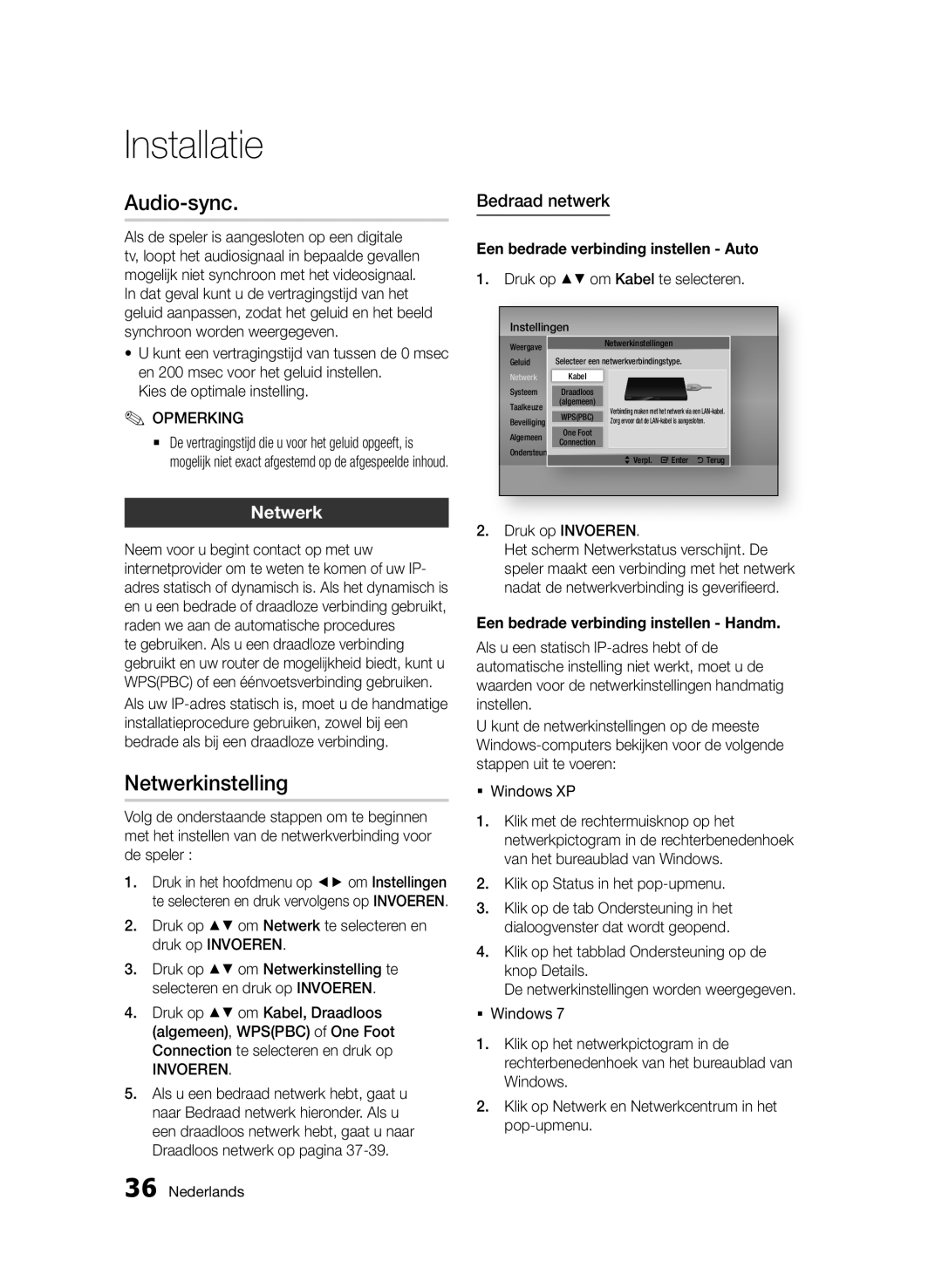 Samsung BD-D7000/ZF, BD-D7000/XN, BD-D7000/EN, BD-D7000/XE manual Audio-sync, Netwerkinstelling, Bedraad netwerk 