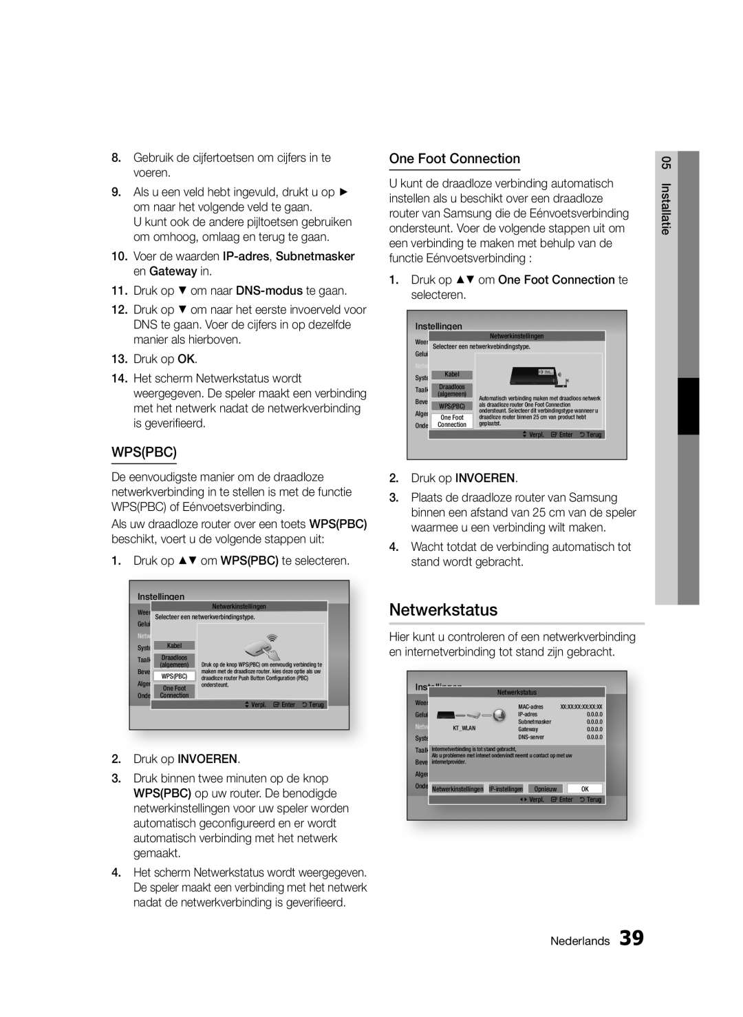 Samsung BD-D7000/EN manual Netwerkstatus, Gebruik de cijfertoetsen om cijfers in te voeren, Druk op om Wpspbc te selecteren 