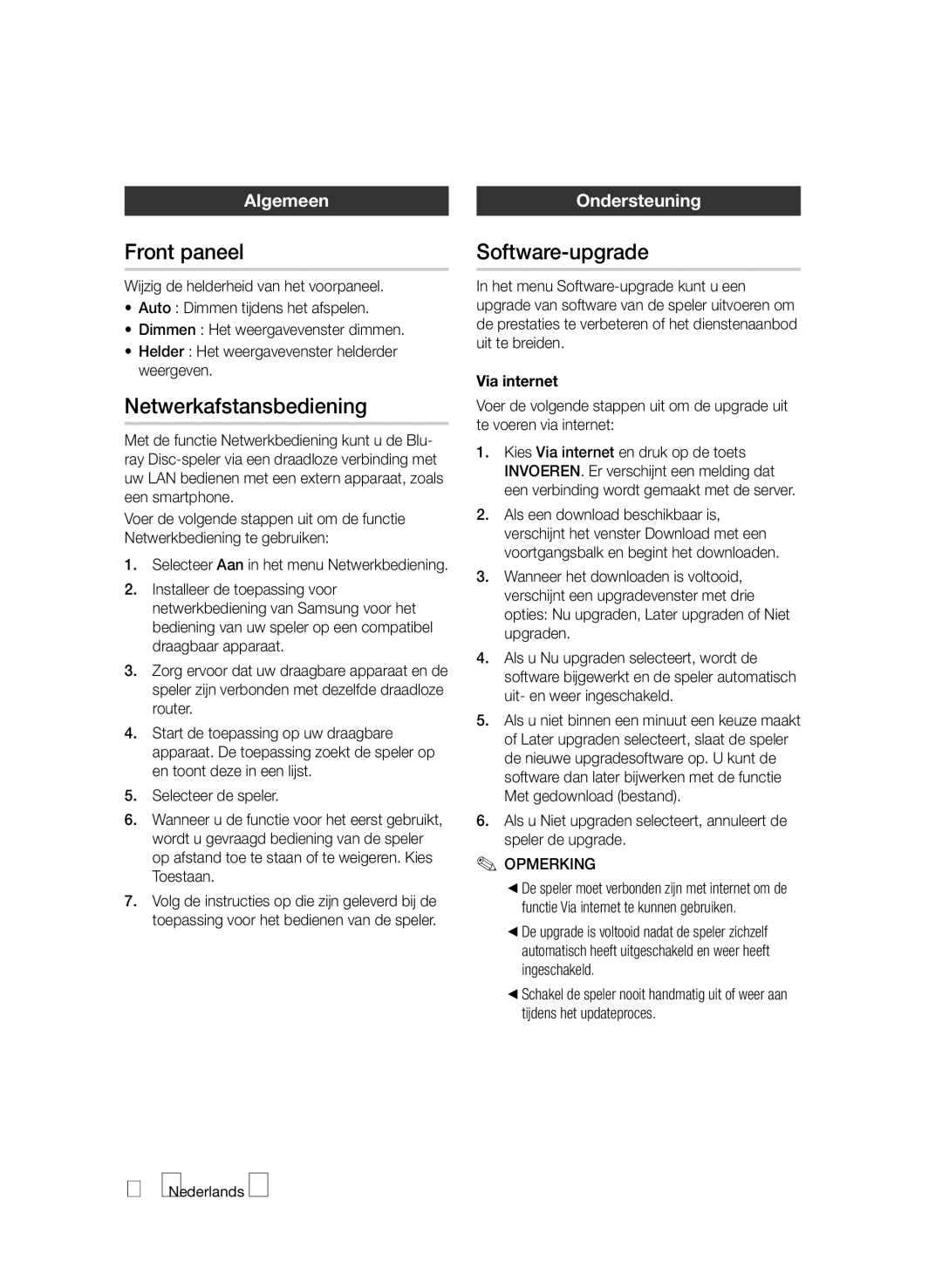 Samsung BD-D7000/XN, BD-D7000/EN manual Front paneel, Netwerkafstansbediening, Software-upgrade, Algemeen, Ondersteuning 