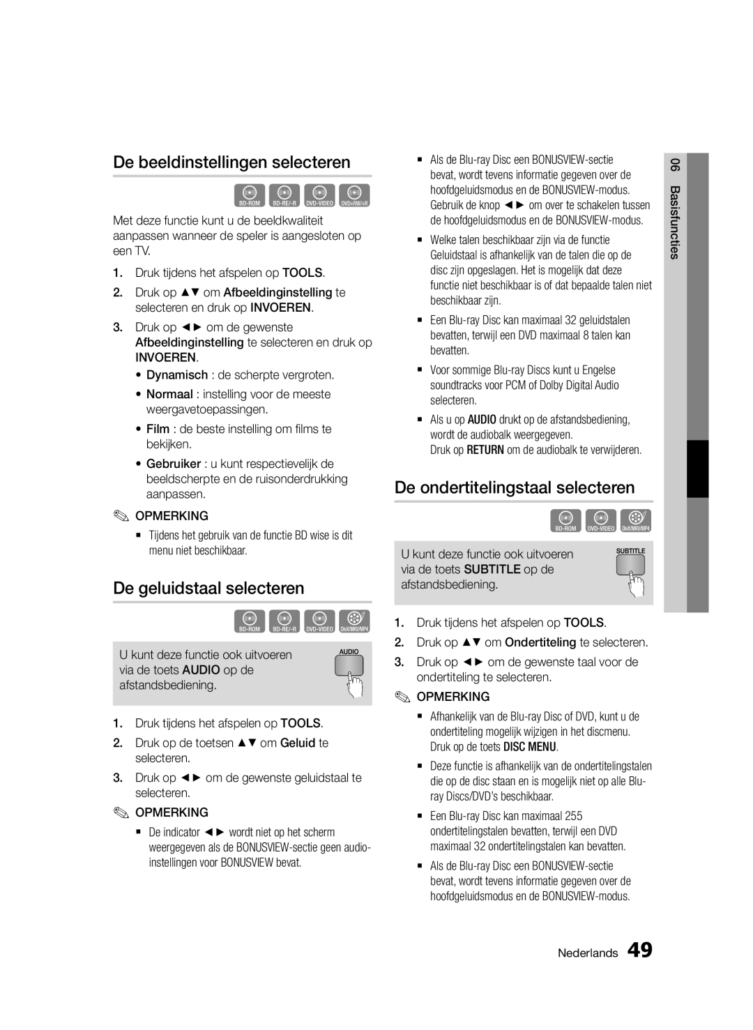 Samsung BD-D7000/XE manual De beeldinstellingen selecteren, De geluidstaal selecteren, De ondertitelingstaal selecteren 