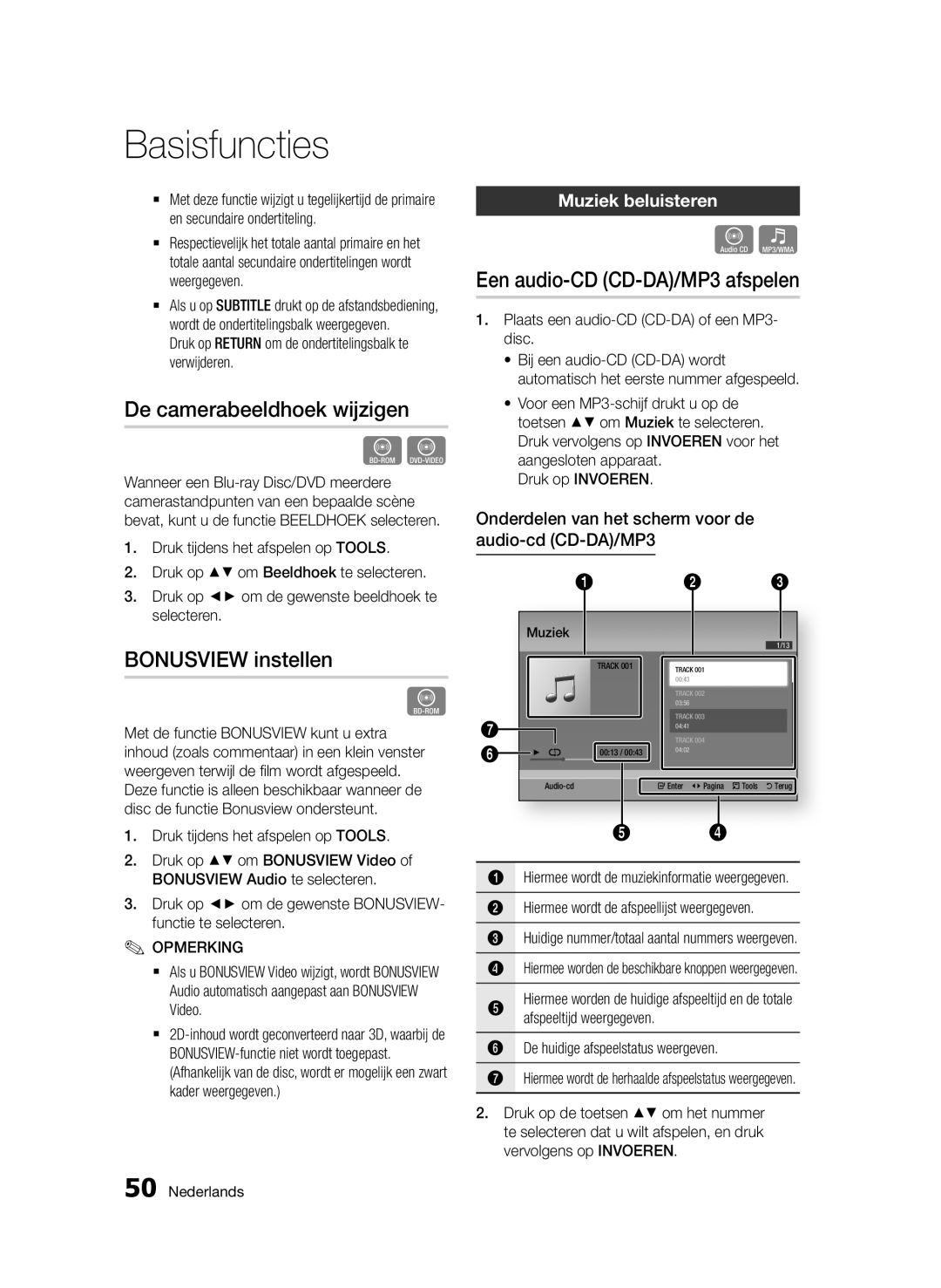 Samsung BD-D7000/XN De camerabeeldhoek wijzigen, Bonusview instellen, Een audio-CD CD-DA/MP3 afspelen, Muziek beluisteren 