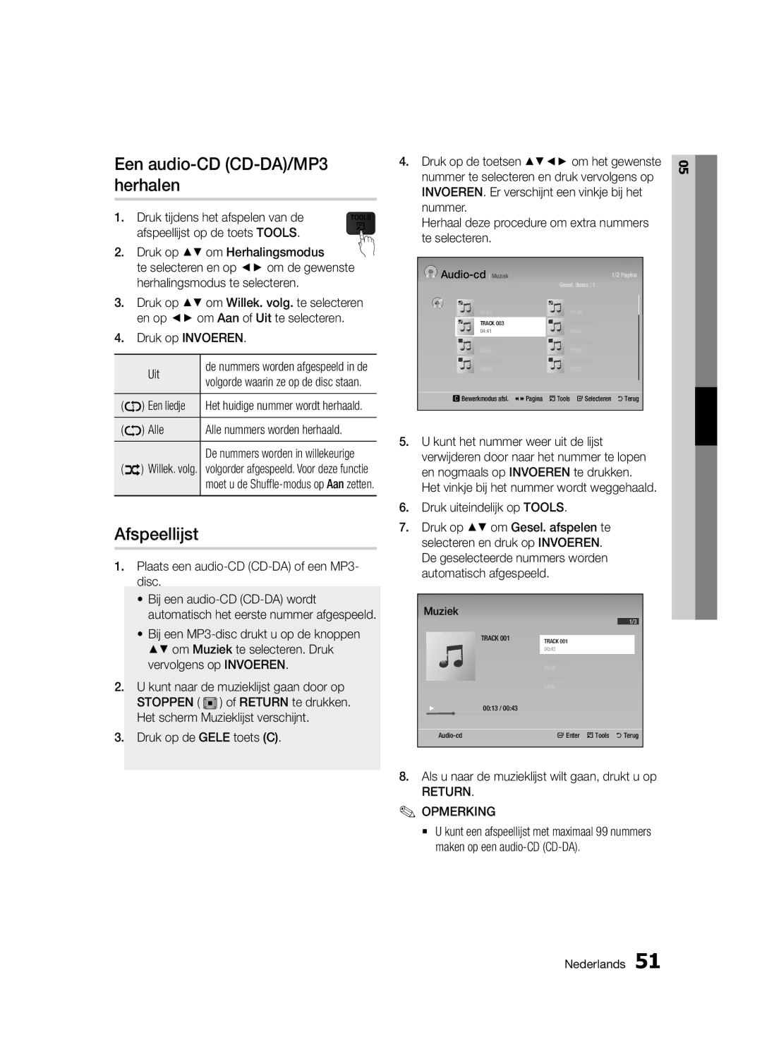 Samsung BD-D7000/EN, BD-D7000/XN, BD-D7000/ZF, BD-D7000/XE Een audio-CD CD-DA/MP3 herhalen, Afspeellijst, Return Opmerking 