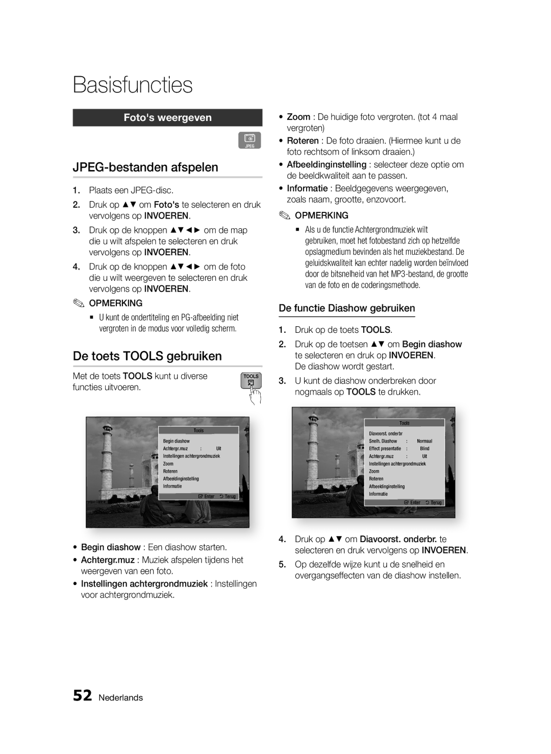 Samsung BD-D7000/ZF manual JPEG-bestanden afspelen, De toets Tools gebruiken, Fotos weergeven, De functie Diashow gebruiken 