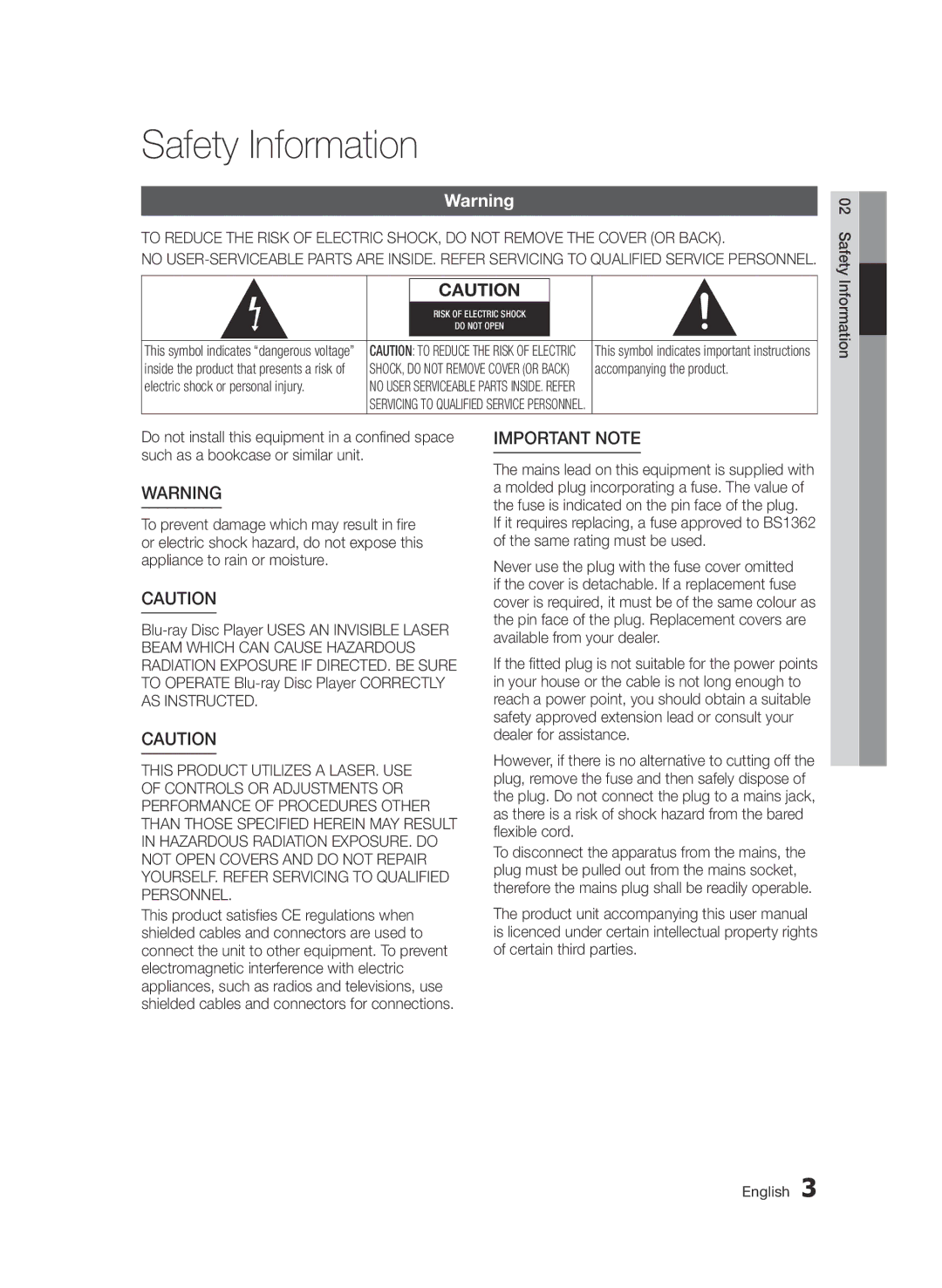 Samsung BD-D7000/XE, BD-D7000/XN, BD-D7000/EN, BD-D7000/ZF manual Safety Information, Important Note 