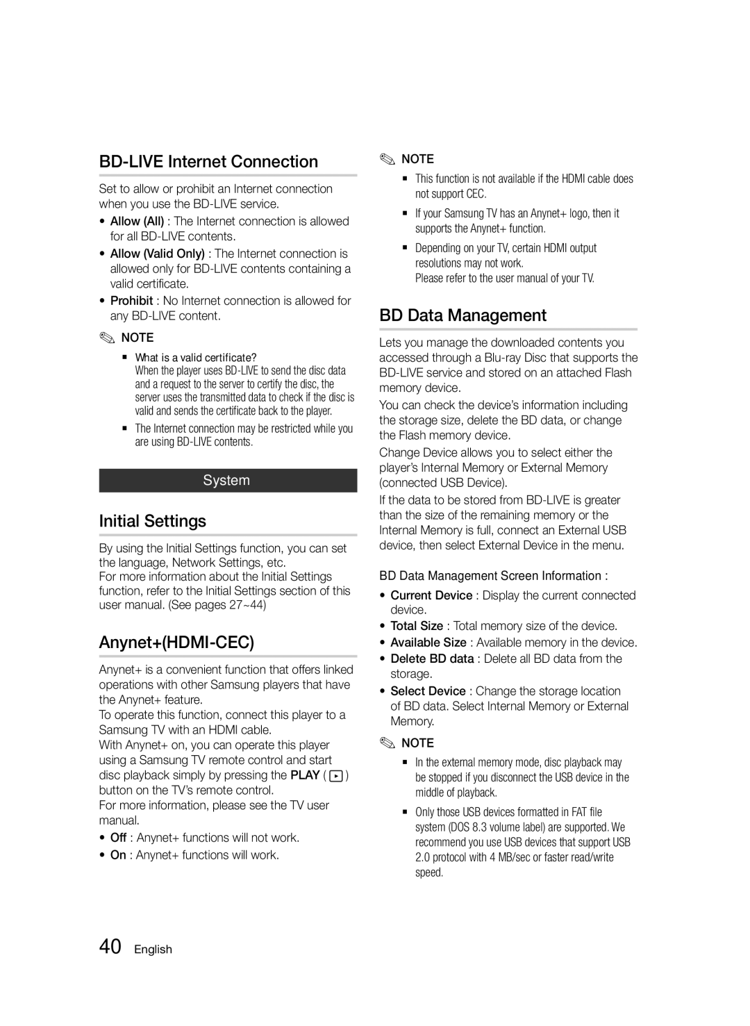 Samsung BD-D7000/XN manual BD-LIVE Internet Connection, Initial Settings, Anynet+HDMI-CEC, BD Data Management, System 