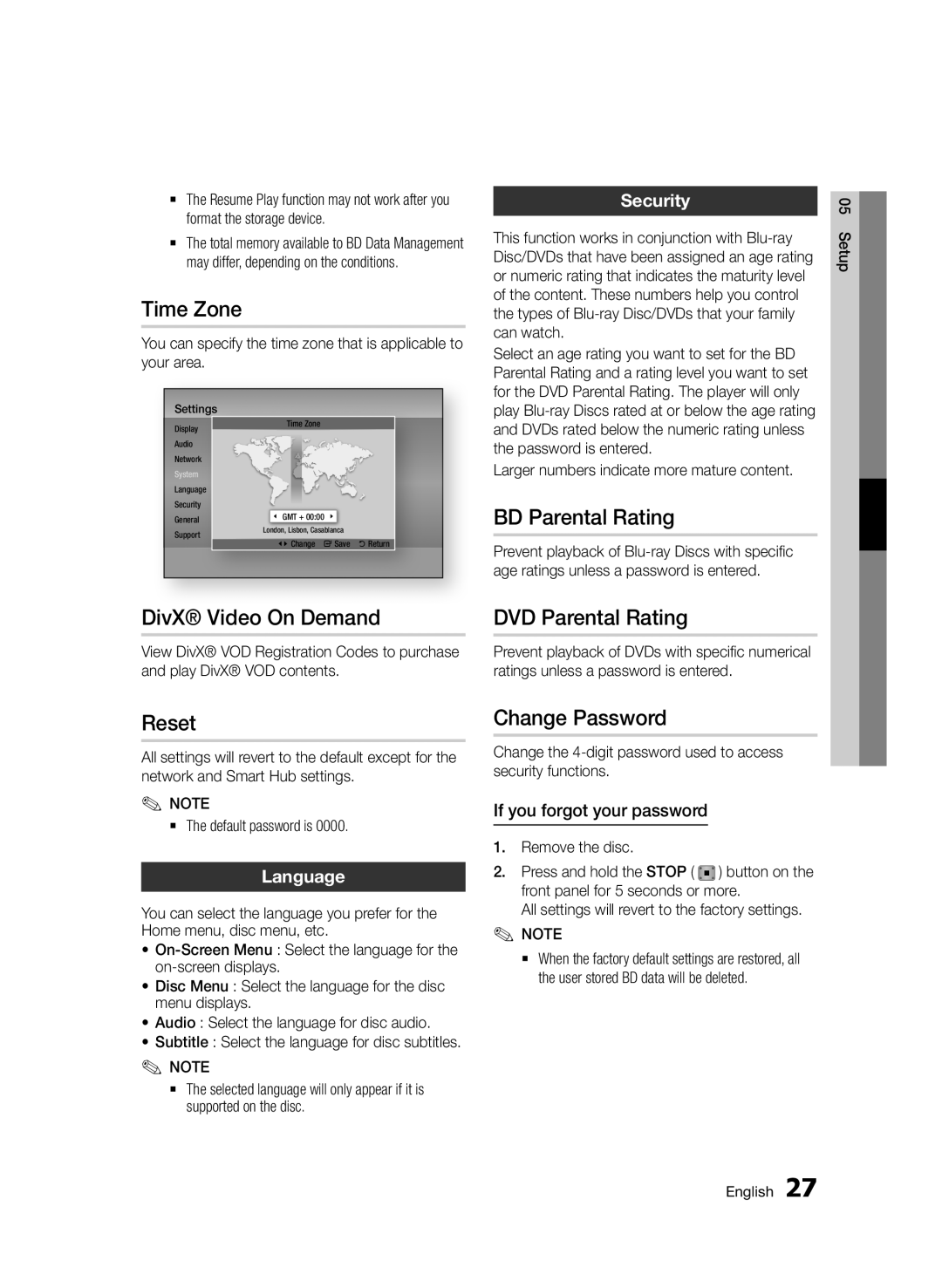 Samsung BD-D7000/EN manual Time Zone, DivX Video On Demand, Reset, BD Parental Rating, DVD Parental Rating, Change Password 