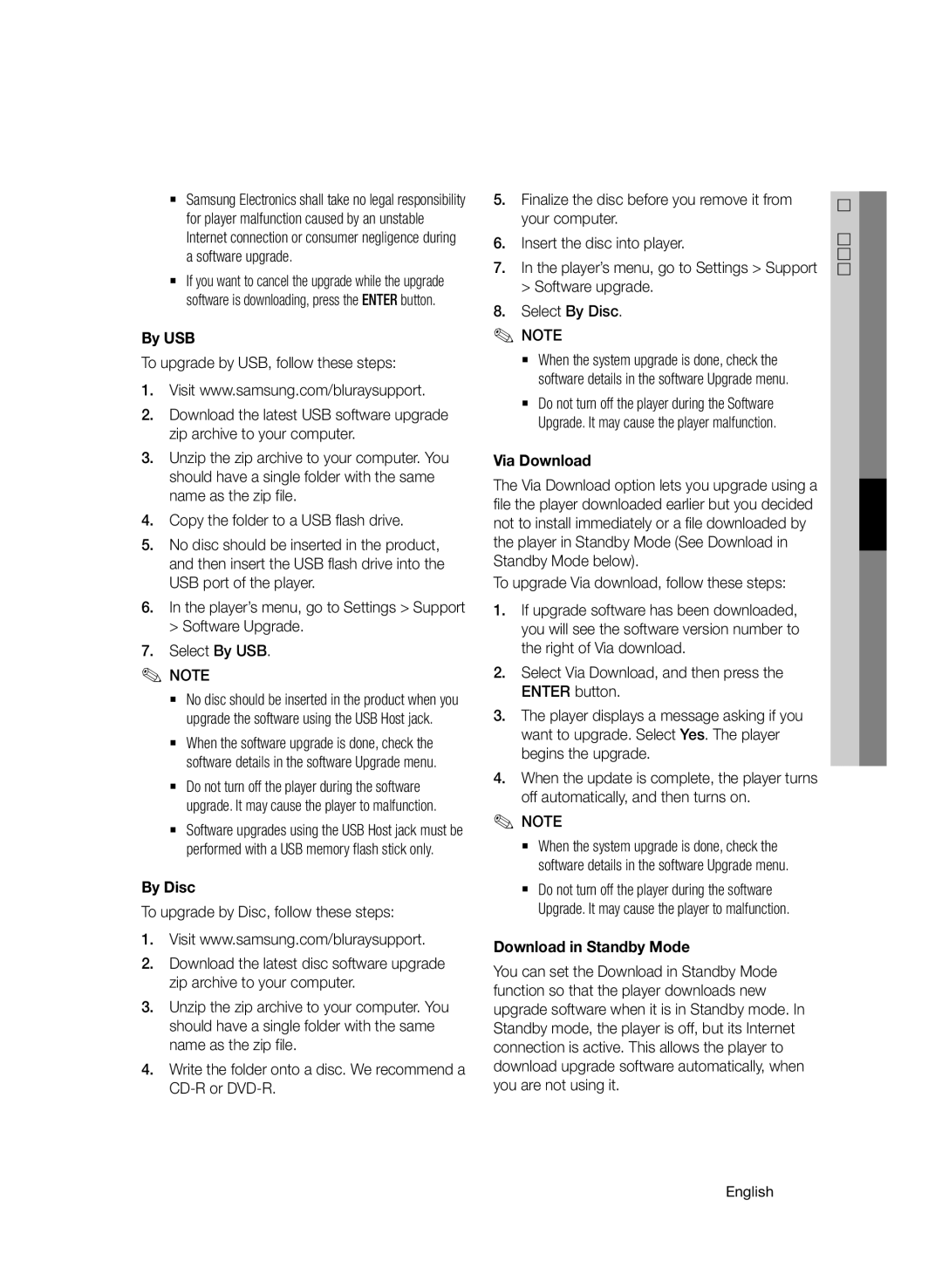 Samsung BD-D7000/XE, BD-D7000/XN, BD-D7000/EN, BD-D7000/ZF manual By USB, By Disc, Via Download, Download in Standby Mode 