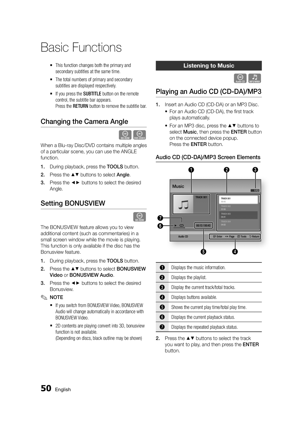 Samsung BD-D7000/ZF manual Changing the Camera Angle, Setting Bonusview, Playing an Audio CD CD-DA/MP3, Listening to Music 