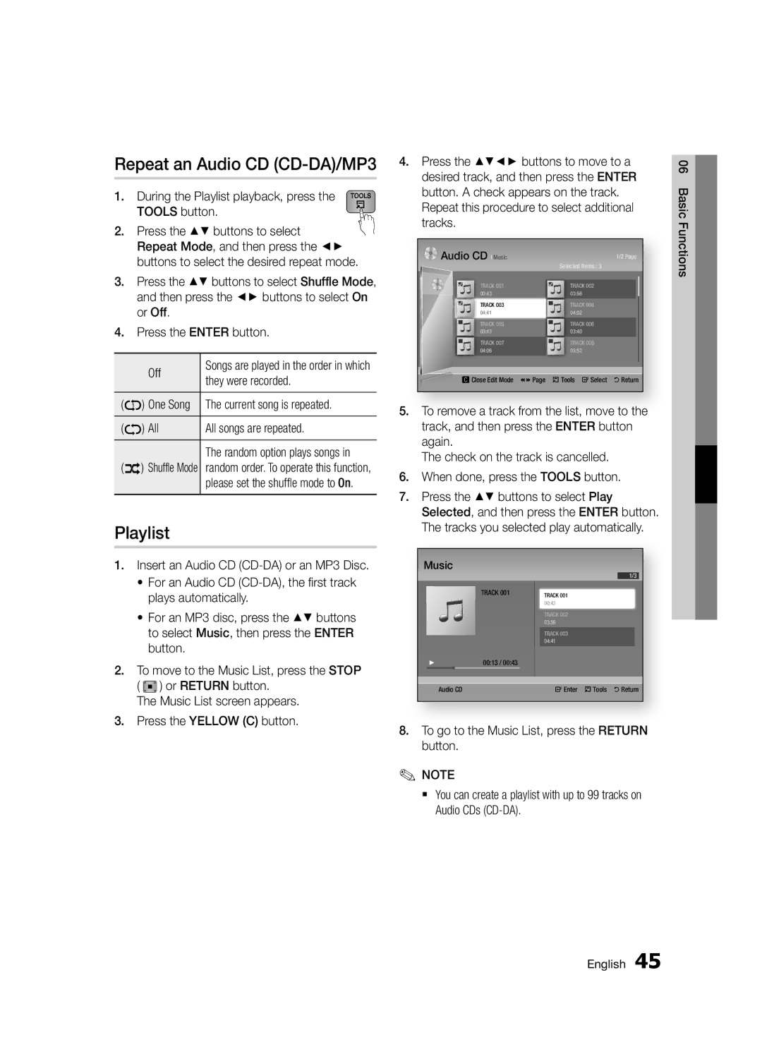 Samsung BD-D7000/XE, BD-D7000/XN, BD-D7000/EN, BD-D7000/ZF manual Repeat an Audio CD CD-DA/MP3, Playlist 